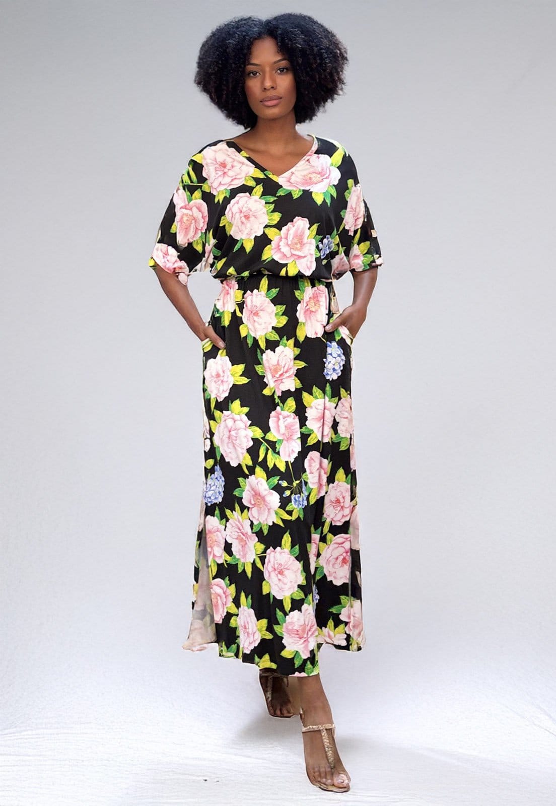 Vista 2 Vestido Longo Plano Estampa Rosas Cabanafree branco/estampado/floral/preto