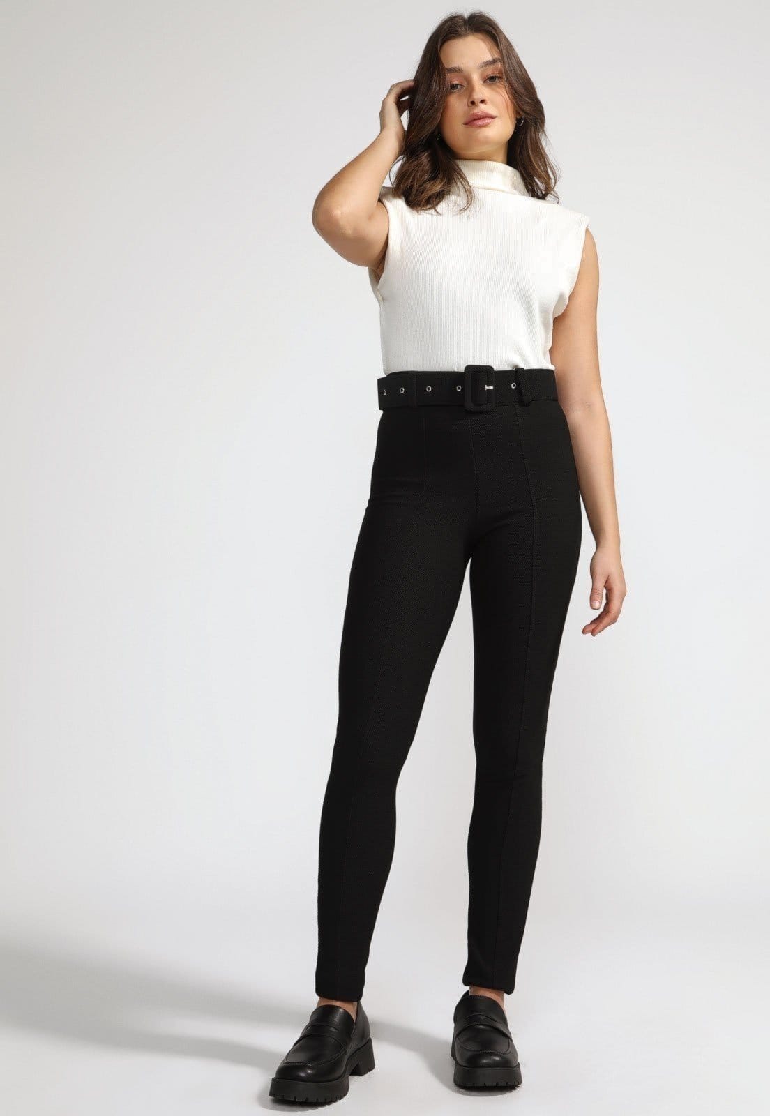 Calça Skinny D Bell Outlet Fashion Alfaiataria Cinto Preta