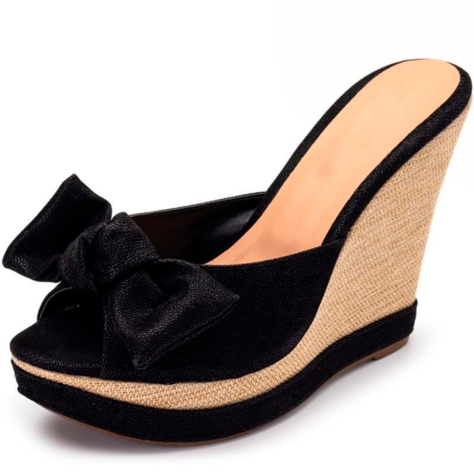 Vista 2 Tamanco Feminino Anabela Nobucado Lançamento Flor da Pele preto