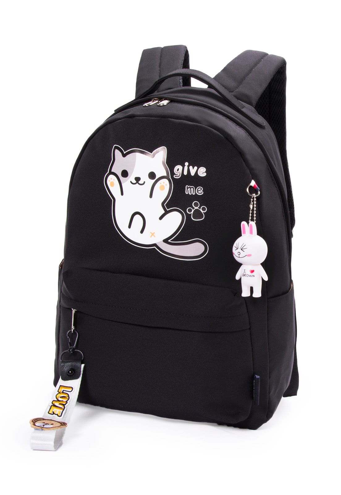 Vista 2 Infantil - Mochila Escolar Espaçosa Juvenil Gatinho Reforçada Chaveiro Feminina YUPE preto
