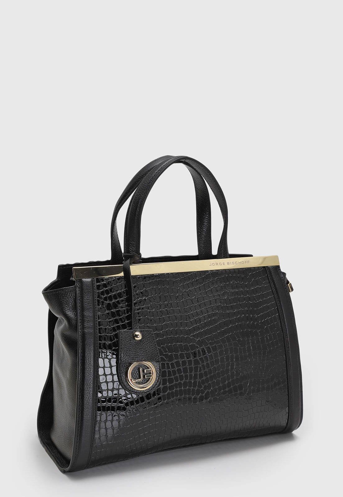 Vista 2 Bolsa Grande Feminina Jorge Bischoff Efeito Croco Preta Jorge Bischoff preto
