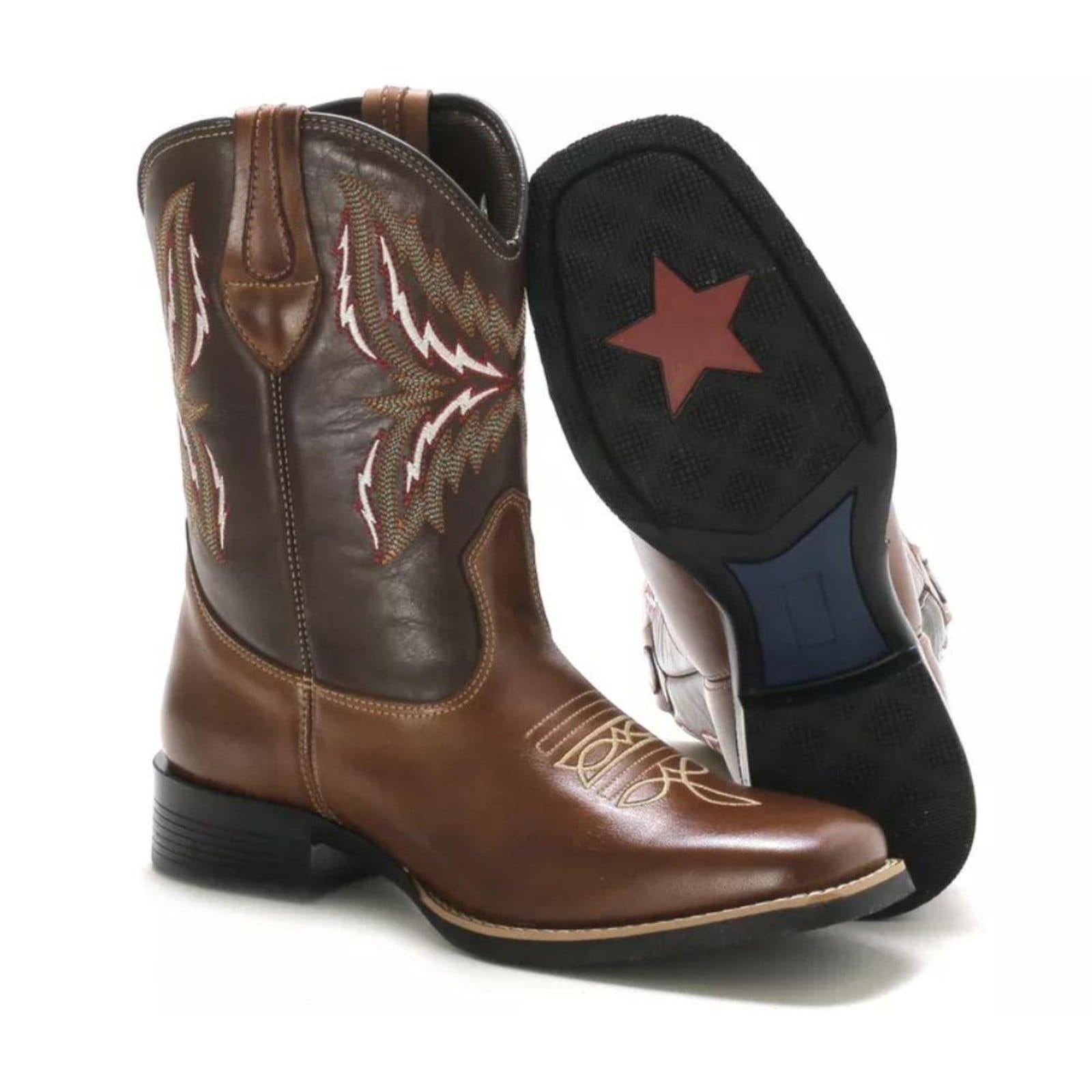 Bota Texana Masculina Couro Look Stock Bordada e Confortável