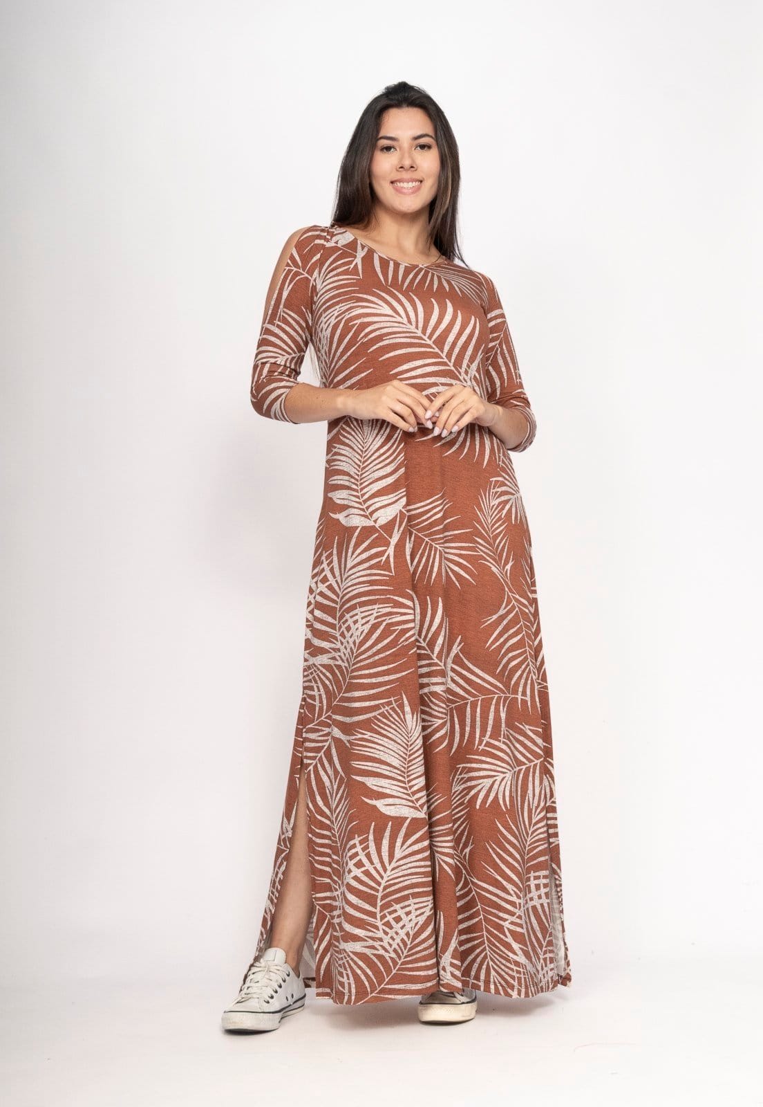 Vista 2 Vestido CabanaFree Boyrá Longo Malha Detalhe na Manga Estampa Palmas da Terra Cabanafree estampado