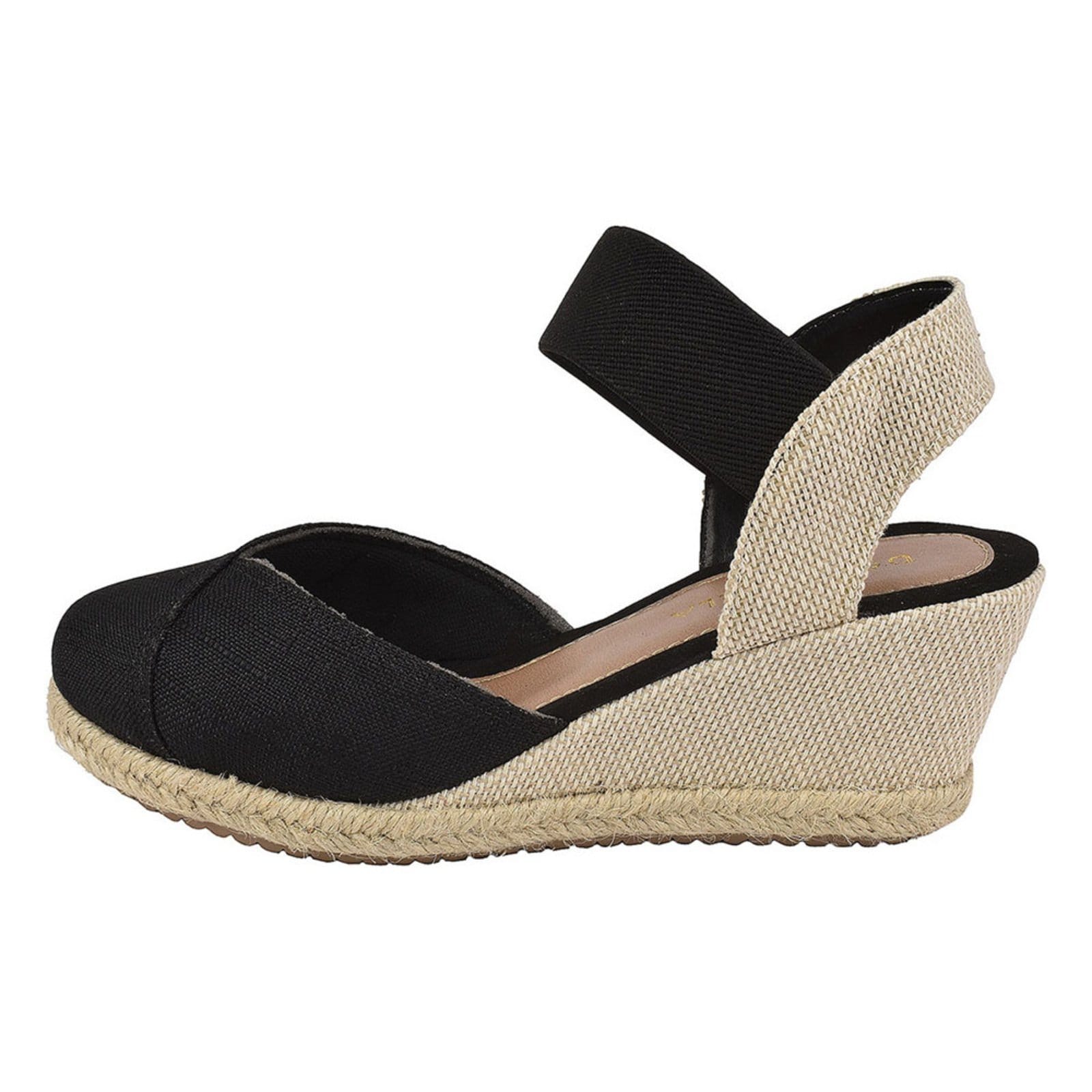 Vista 2 Sandália Anabela Feminina Plataforma CM Calçados Macia Juta Corda Natural Tecido Textura Elástico Preto Monte Shoes preto natural