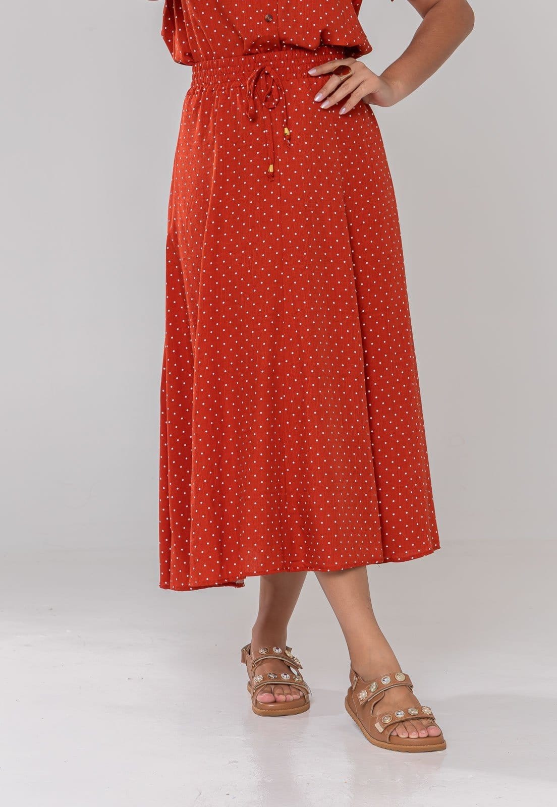 Saia Aura Dani Viscolinho Poá Terracota