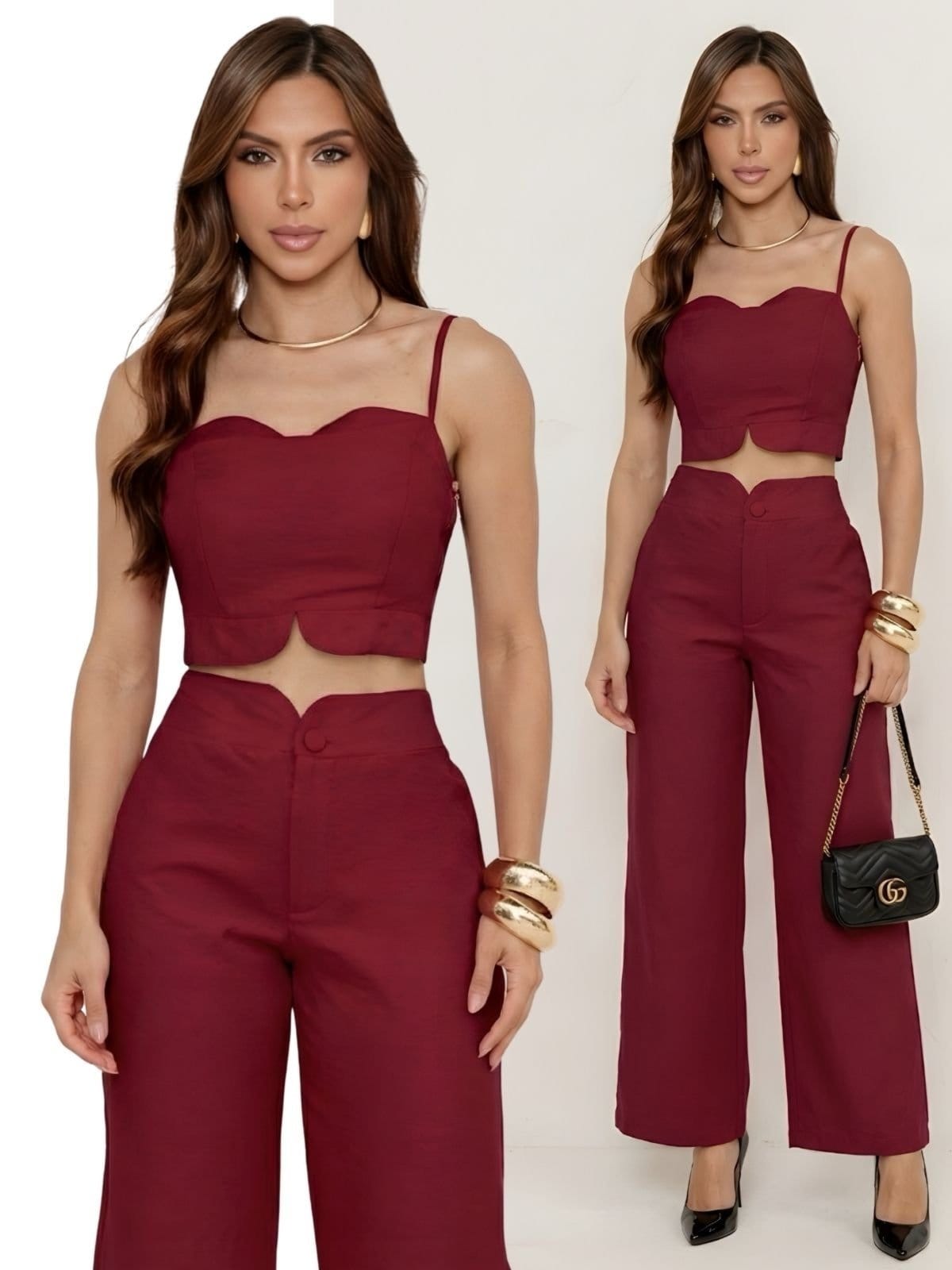 Conjunto Feminino Alfaiataria Divina Gata Cropped e Calça Pantalona Barolo