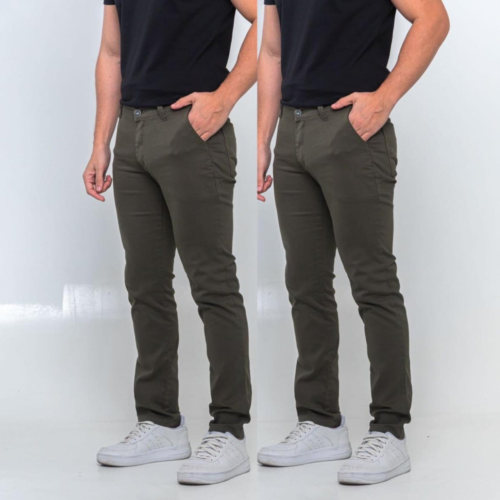 KIT 2 Calças Sarja Masculina Tempo Hábil Alfaiatada Skinny Militar