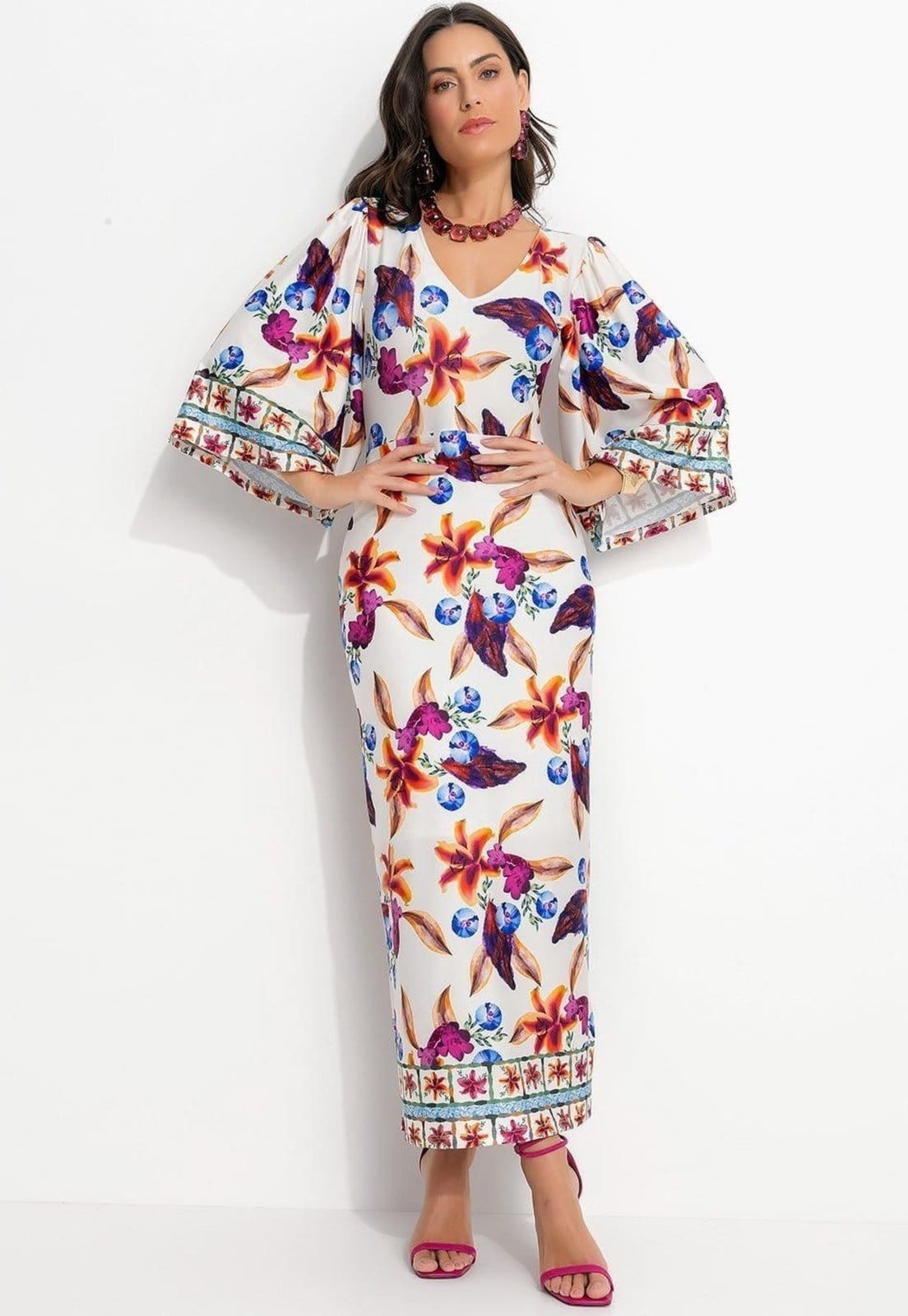 Vista principal Vestido Em Malha Fria Barrado Floral Quintess bege