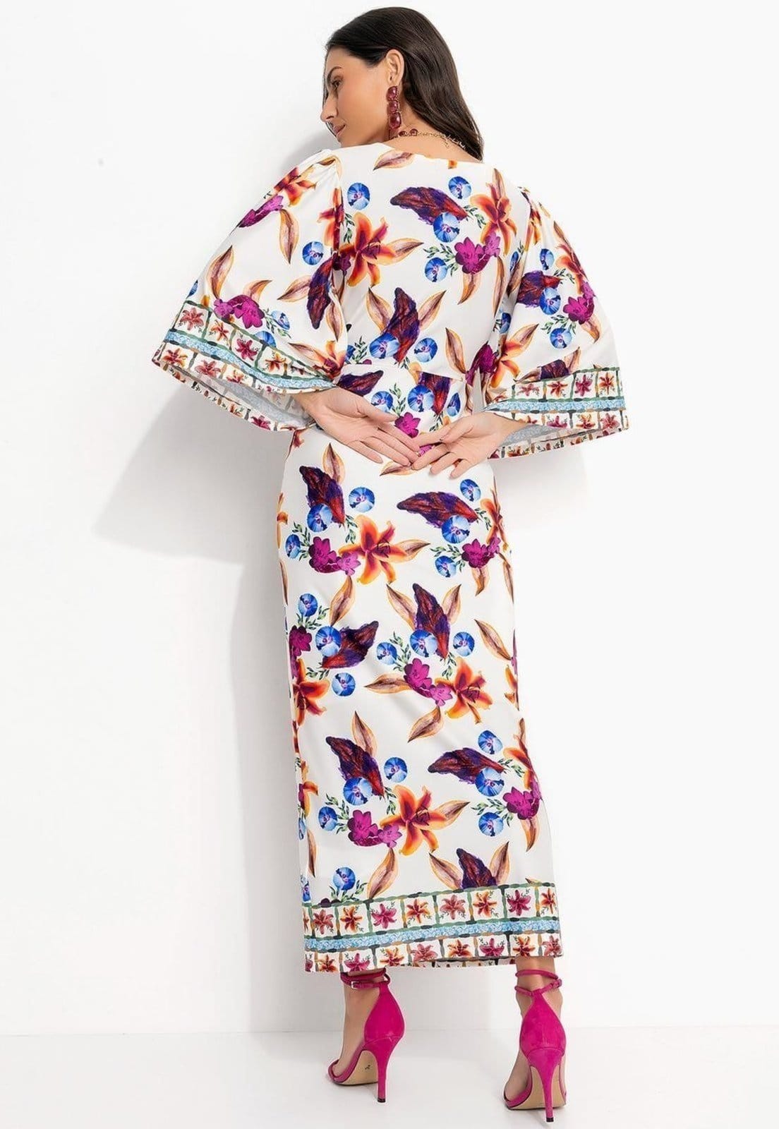 Vista 2 Vestido Em Malha Fria Barrado Floral Quintess bege