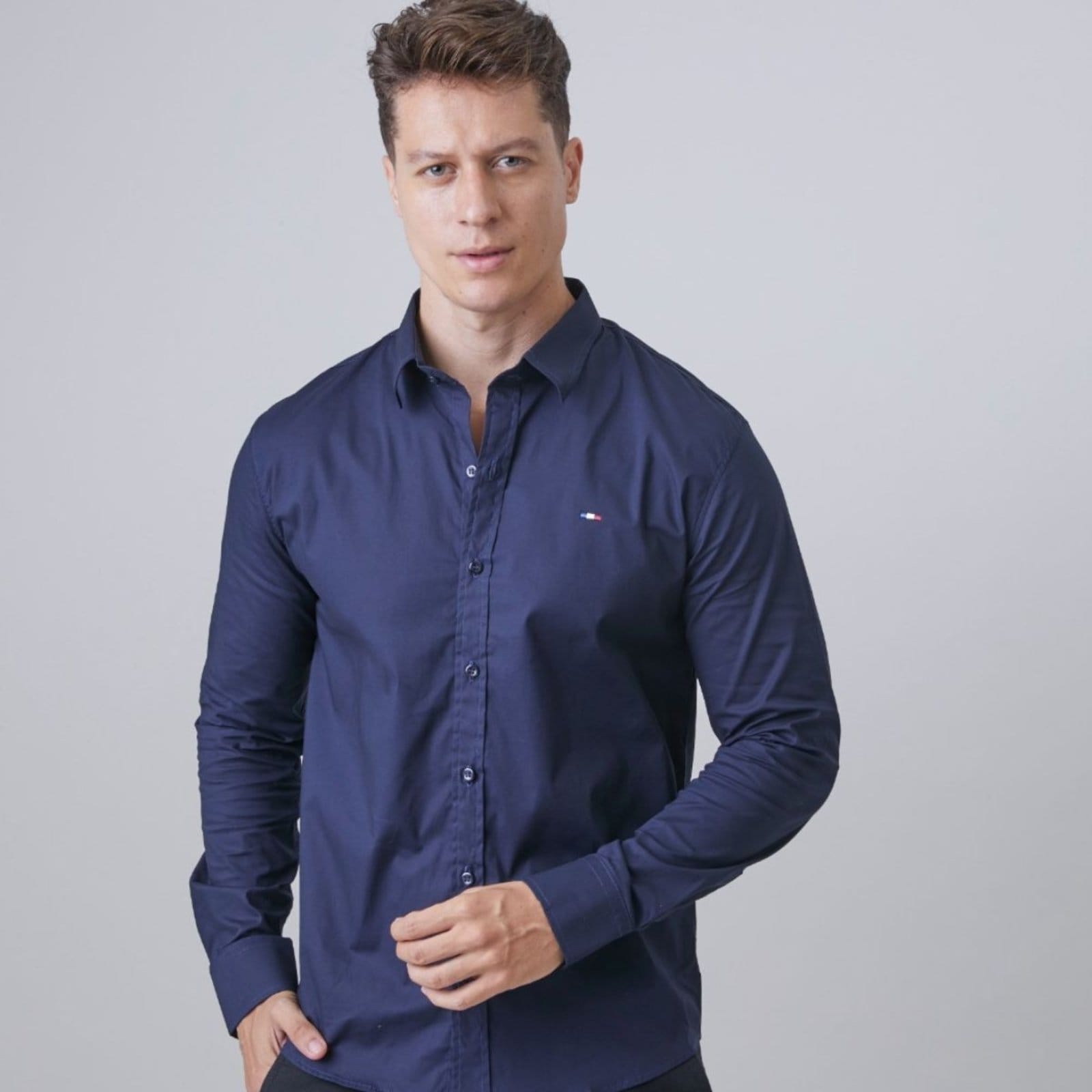 Camisa Social Masculina Industrie Marinho Itália Premium Slim Fit Manga Longa