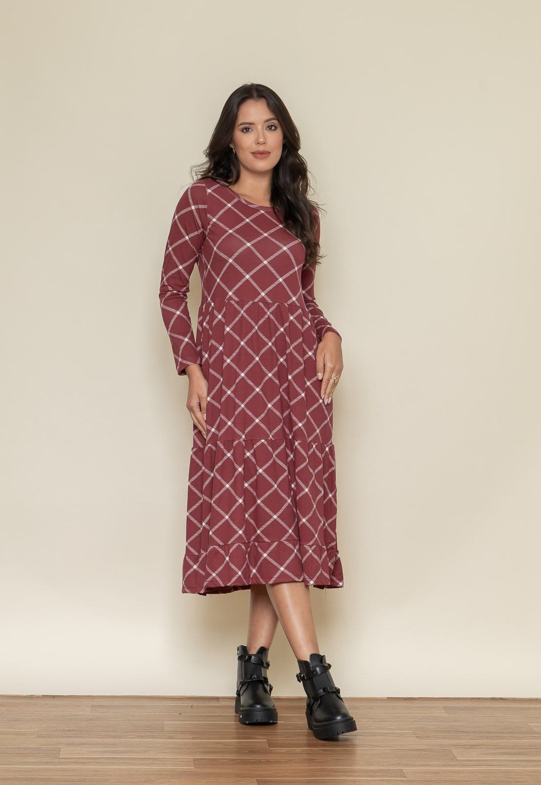 Vestido Aura Núbia Manga Longa Xadrez