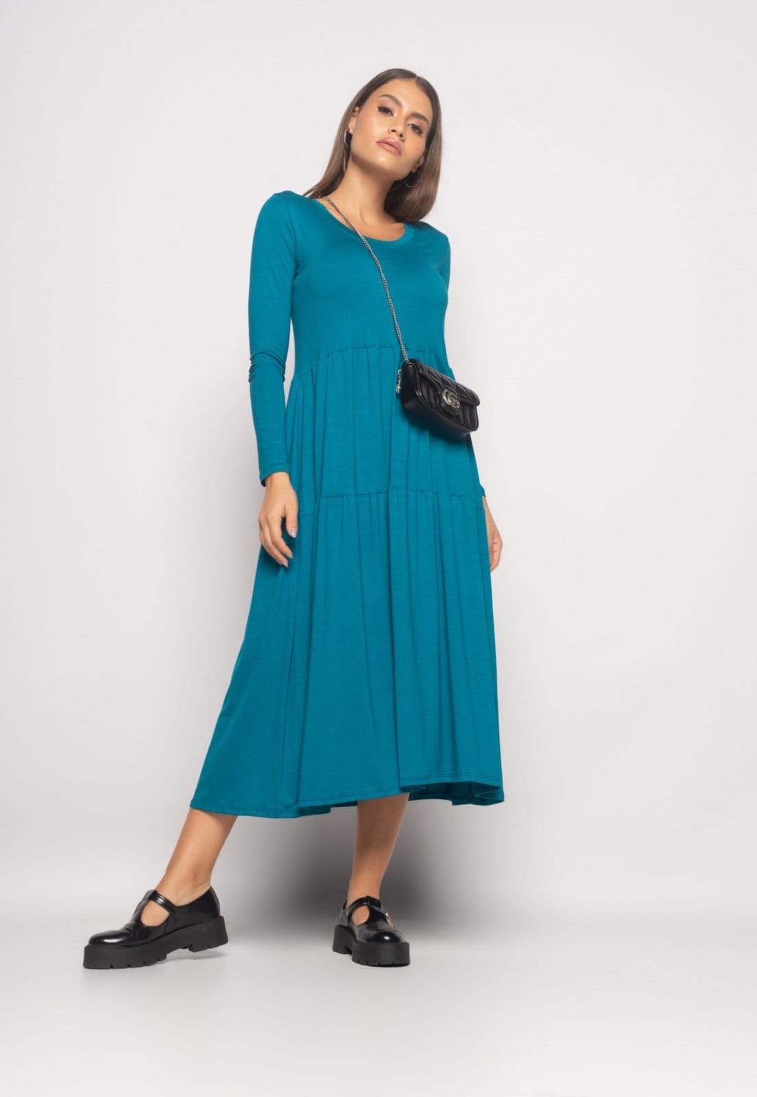 Vista 2 Vestido Midi Manga Longa Com Babado Malha Salvatore Salvatore Fashion azul