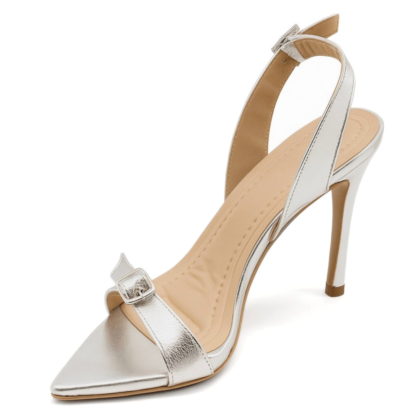 Vista 2 Sandália Feminina Festas Casamentos Bico Folha Salto Fino Sofisticada Luxo 6014 Flor da Pele prata