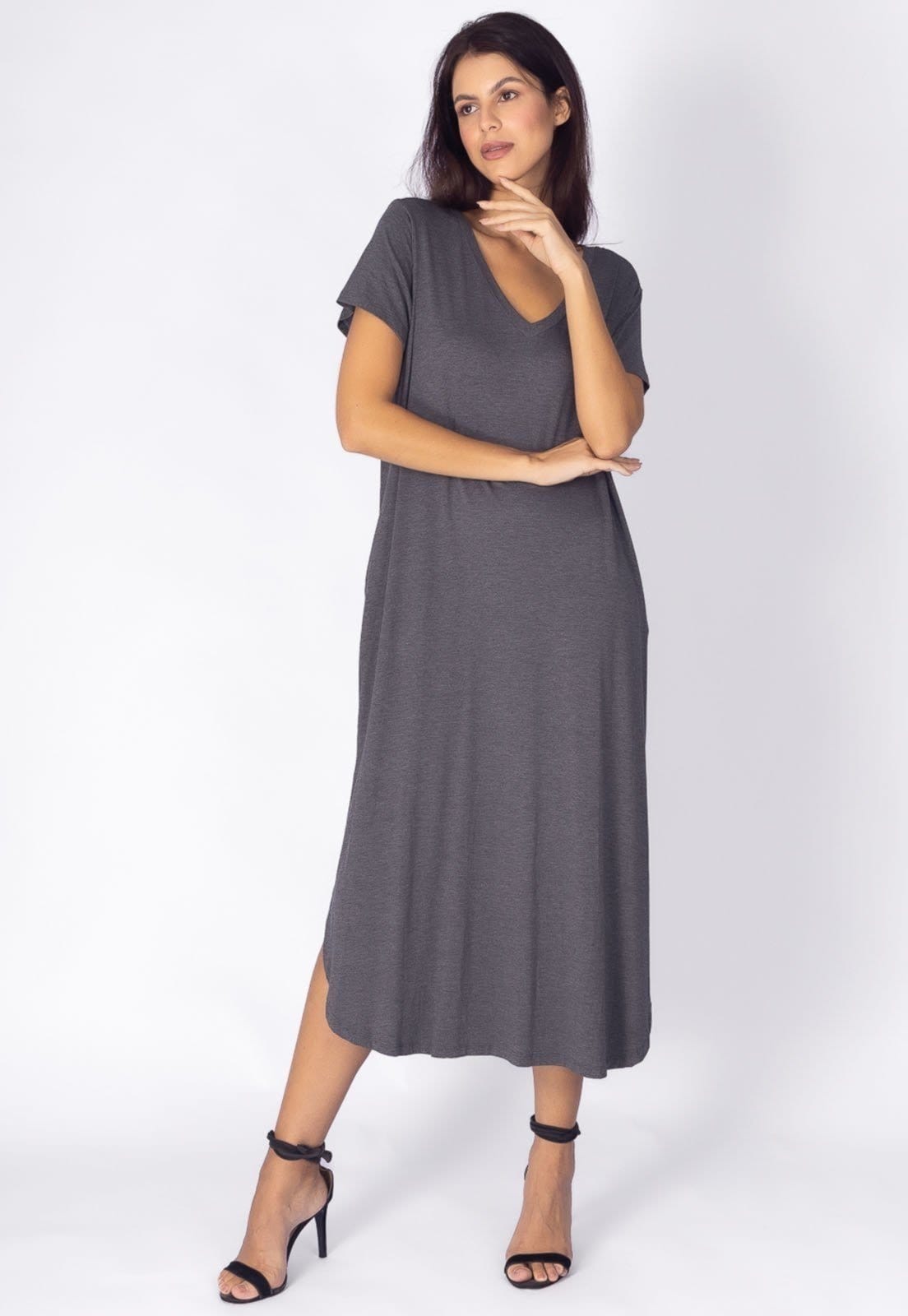 Vista 2 Vestido Amazonia Vital Midi Abapã Malha com Bolso Mescla Amazonia Vital cinza