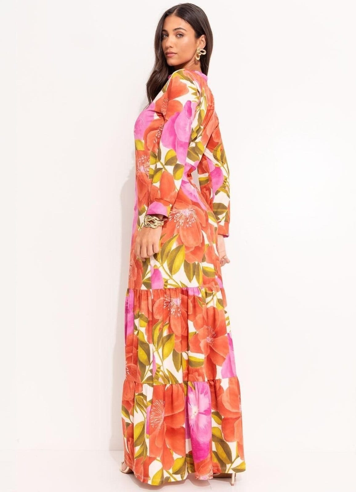 Vista 2 Vestido Malha Fria Floral Maxi Colorido Quintess laranja