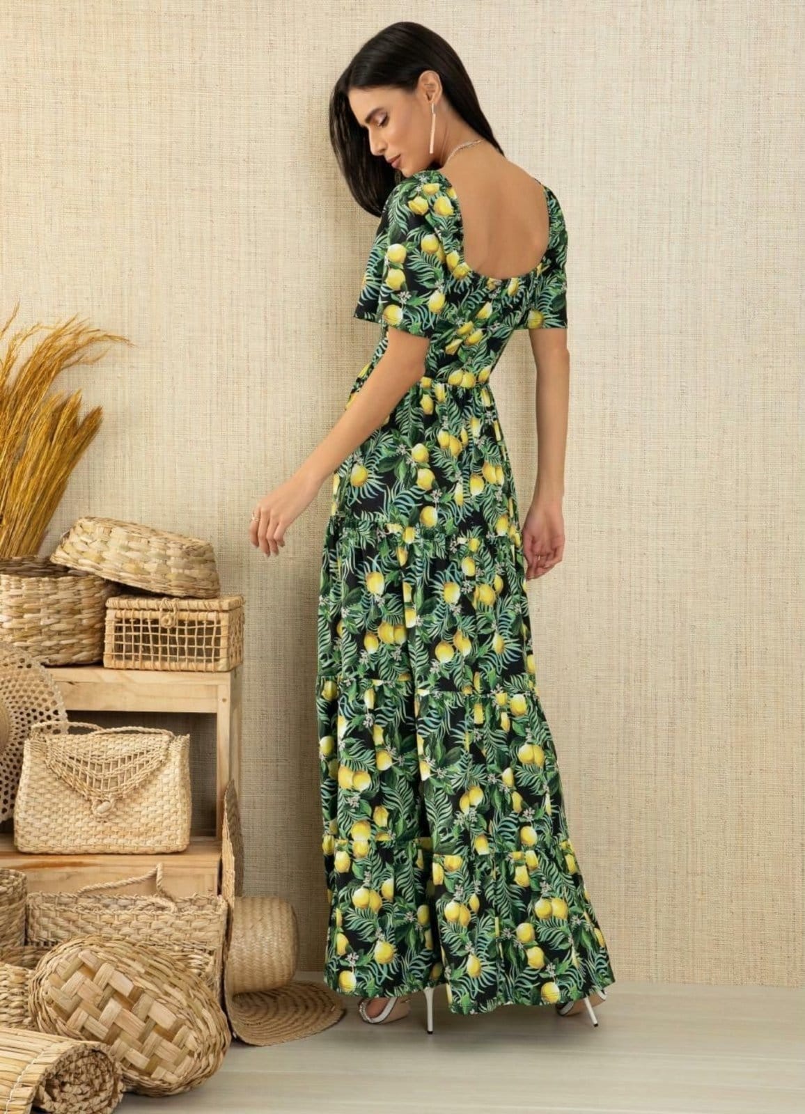 Vista 2 Vestido Bolsos E Camadas Folha Tropical Colorido Quintess verde