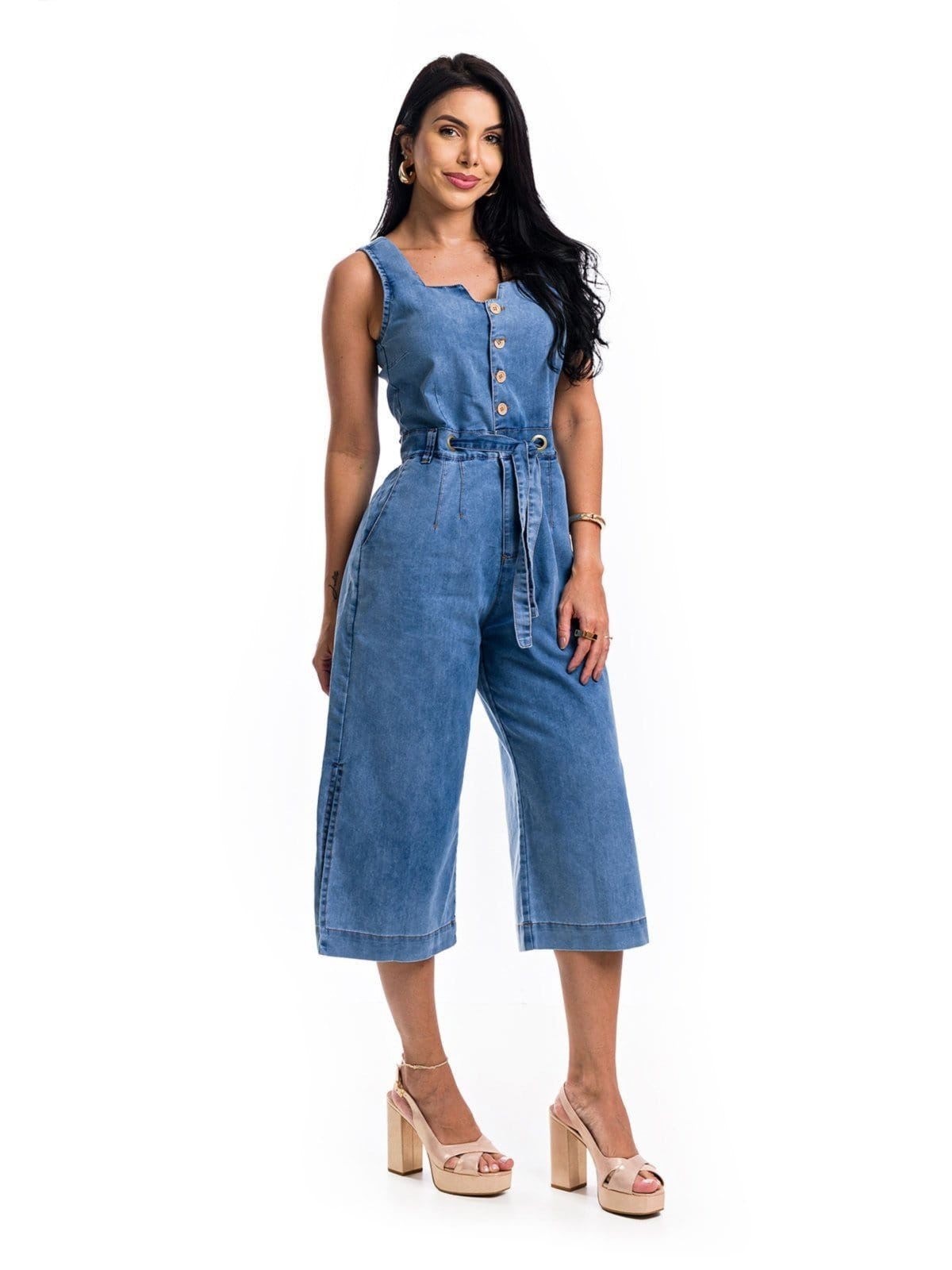 Vista 2 Macacão Restrito Jeans Pantacourt Acinturado Restrito Jeans azul