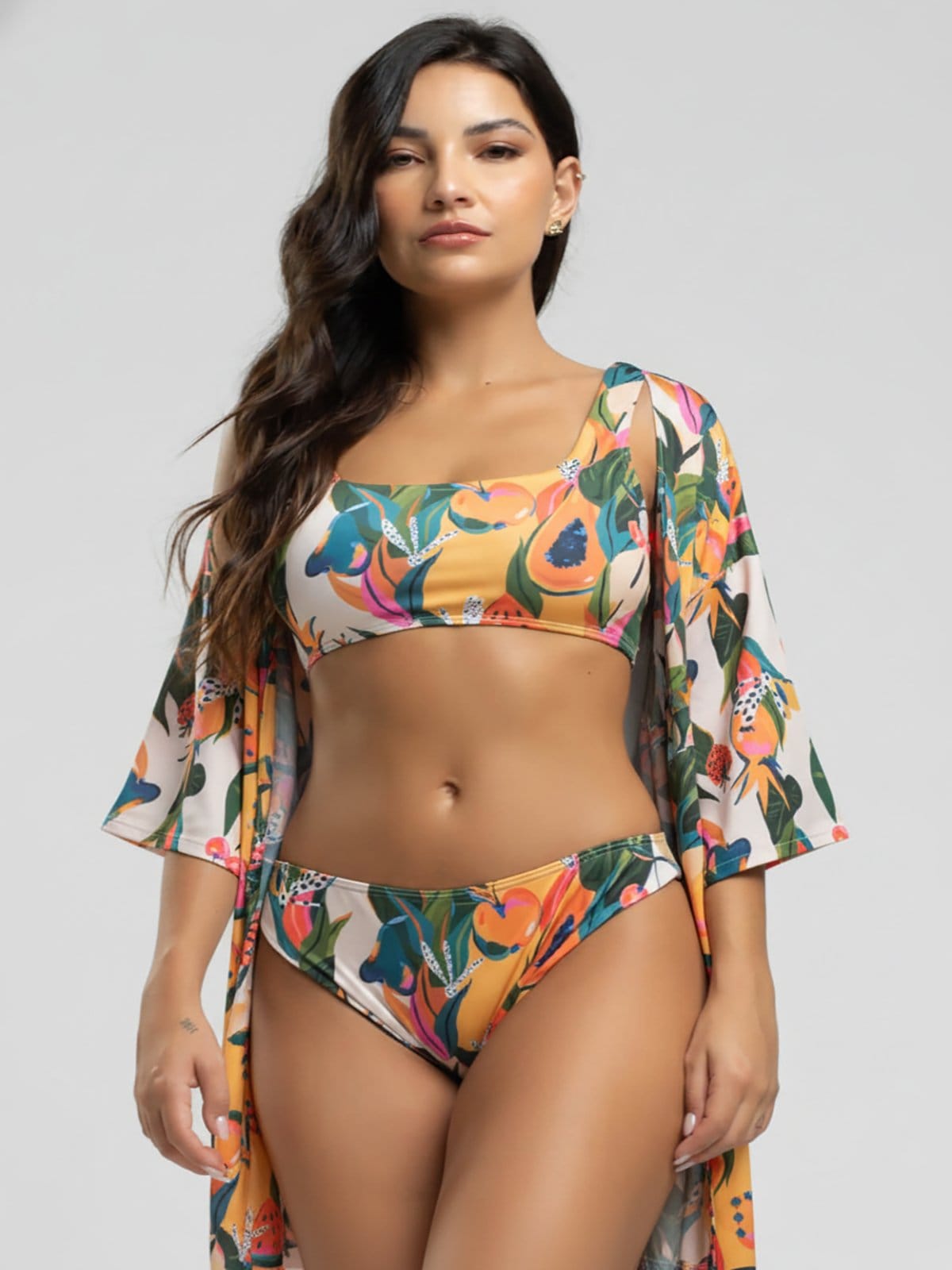 Conjunto Vicbela Biquíni Regata Calcinha Comum + Saída de Praia Kimono Mamão