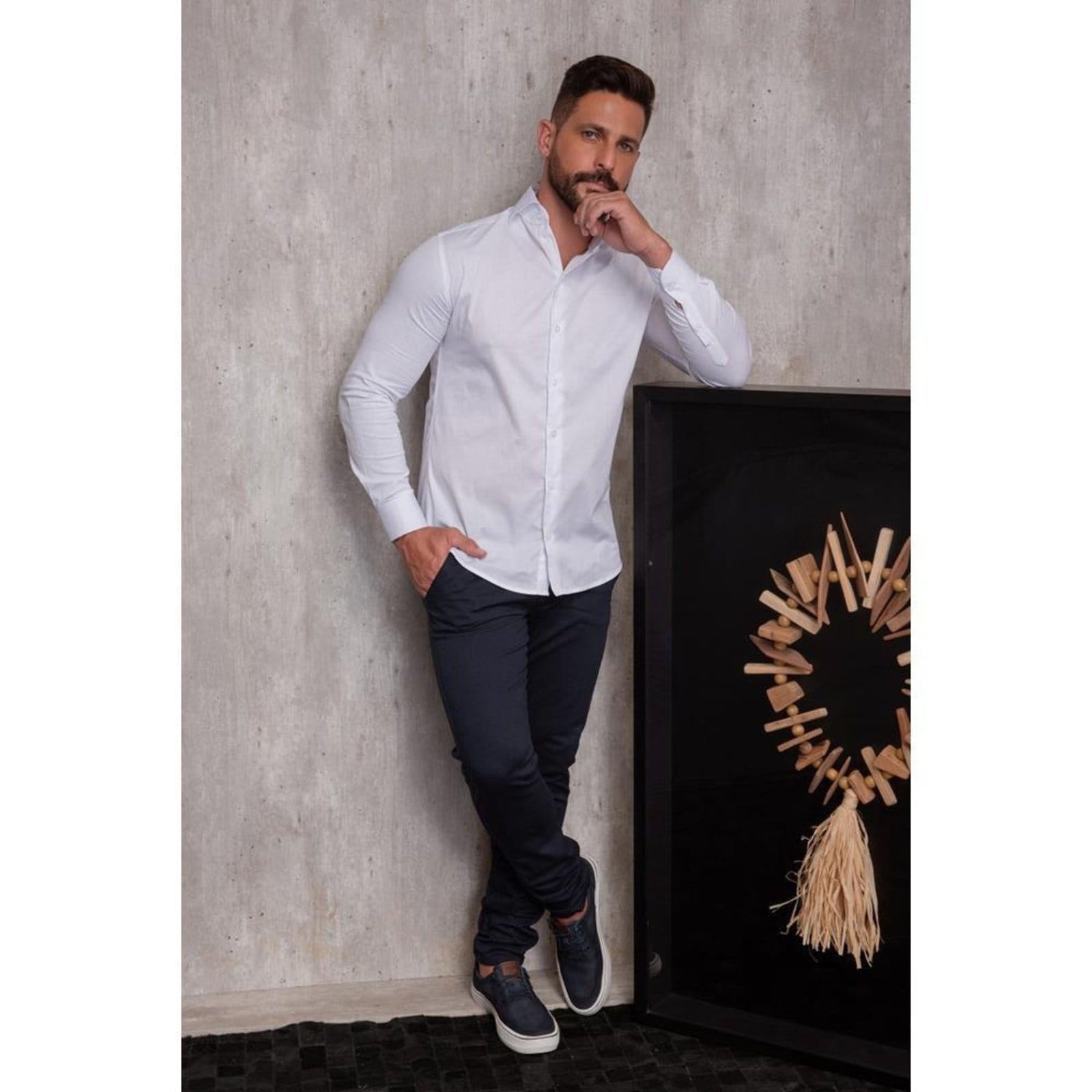 Vista 2 Camisa Masculina Slim Manga Longa Lisa Acetinada Social Azul Claro G Branco TEODORO CAMISARIA branco azul