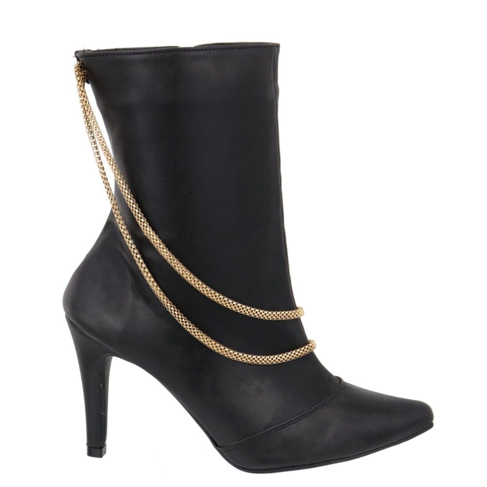 Vista 2 Bota Feminina Bico Fino Salto Alto Fino Detalhe Corrente Dourada 1794 Flor da Pele preto