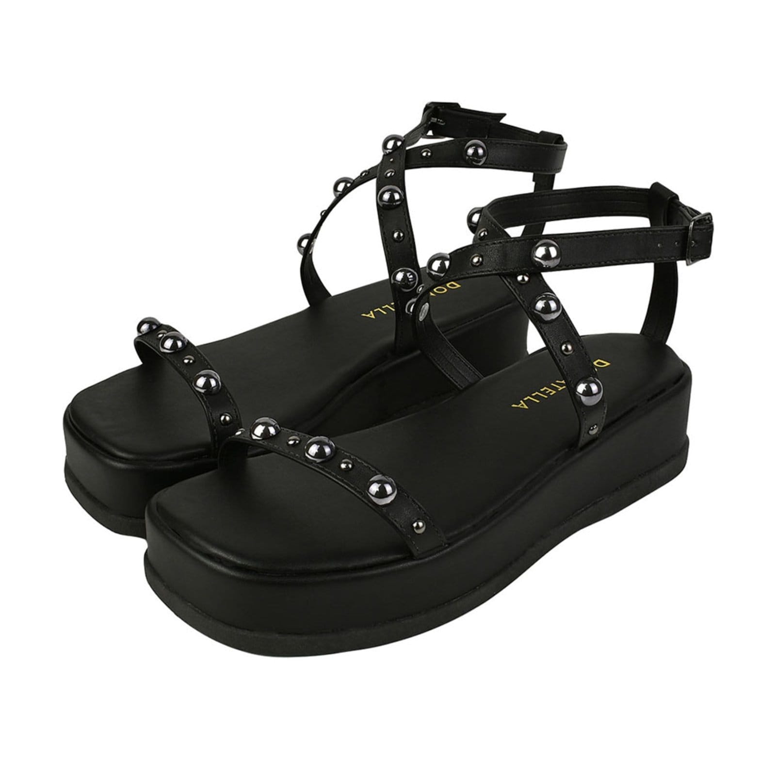 Sandália Feminina Donatella Shoes Casual Confortável Fivela Flatform Tamanco Plataforma Com Aplicação Dourada