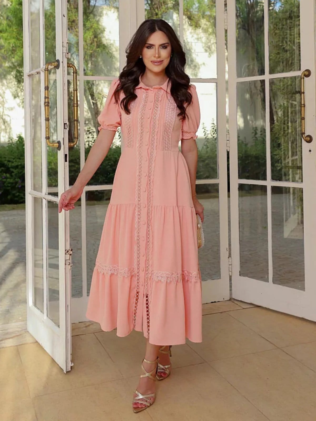 Vestido Elegante Longo de Botão Chemise Rodado Gola Camisa Salmão