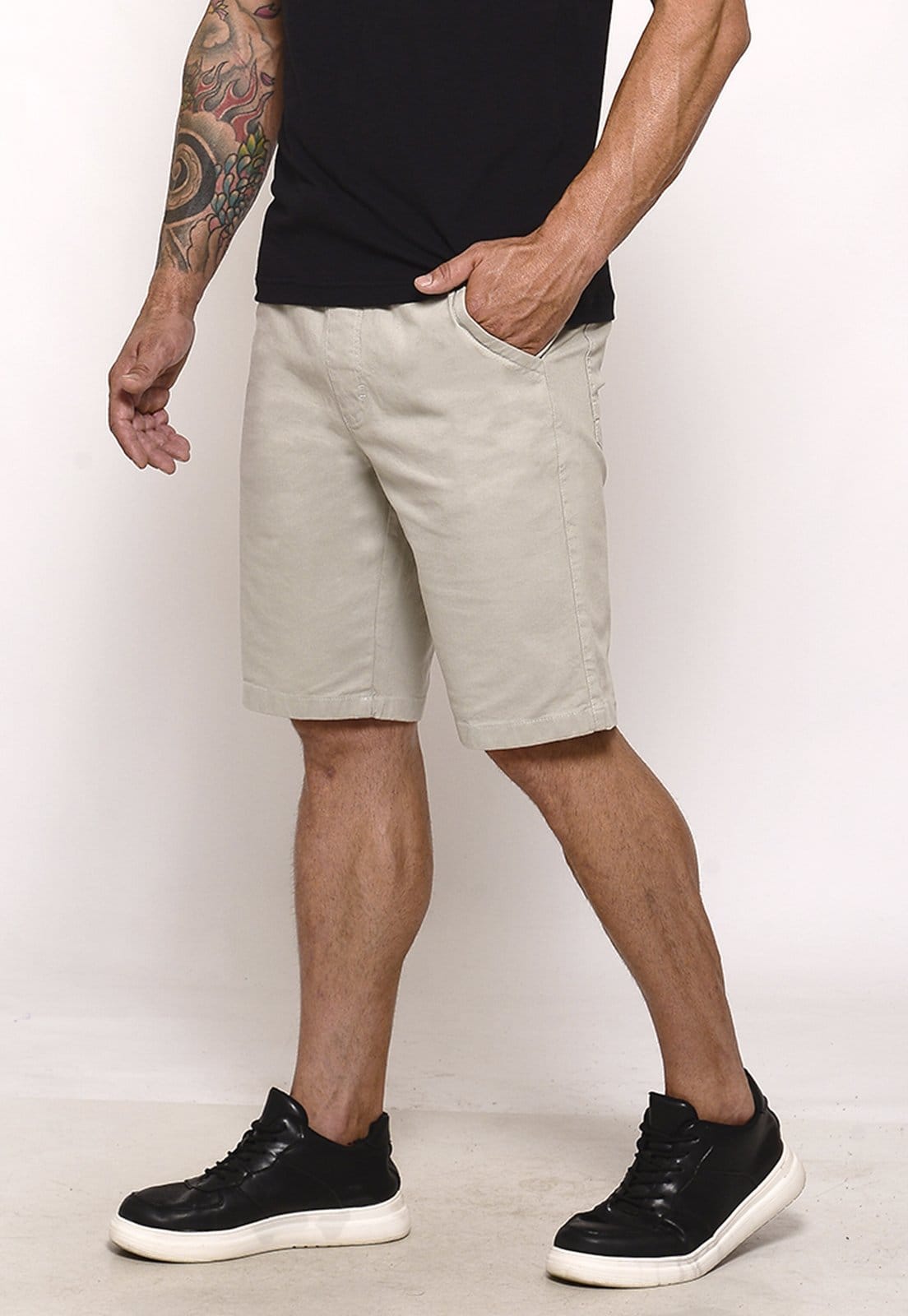 Bermuda Masculina Sarja Cós Elástico Casual Confortável Estilo Urbano Cinza Claro