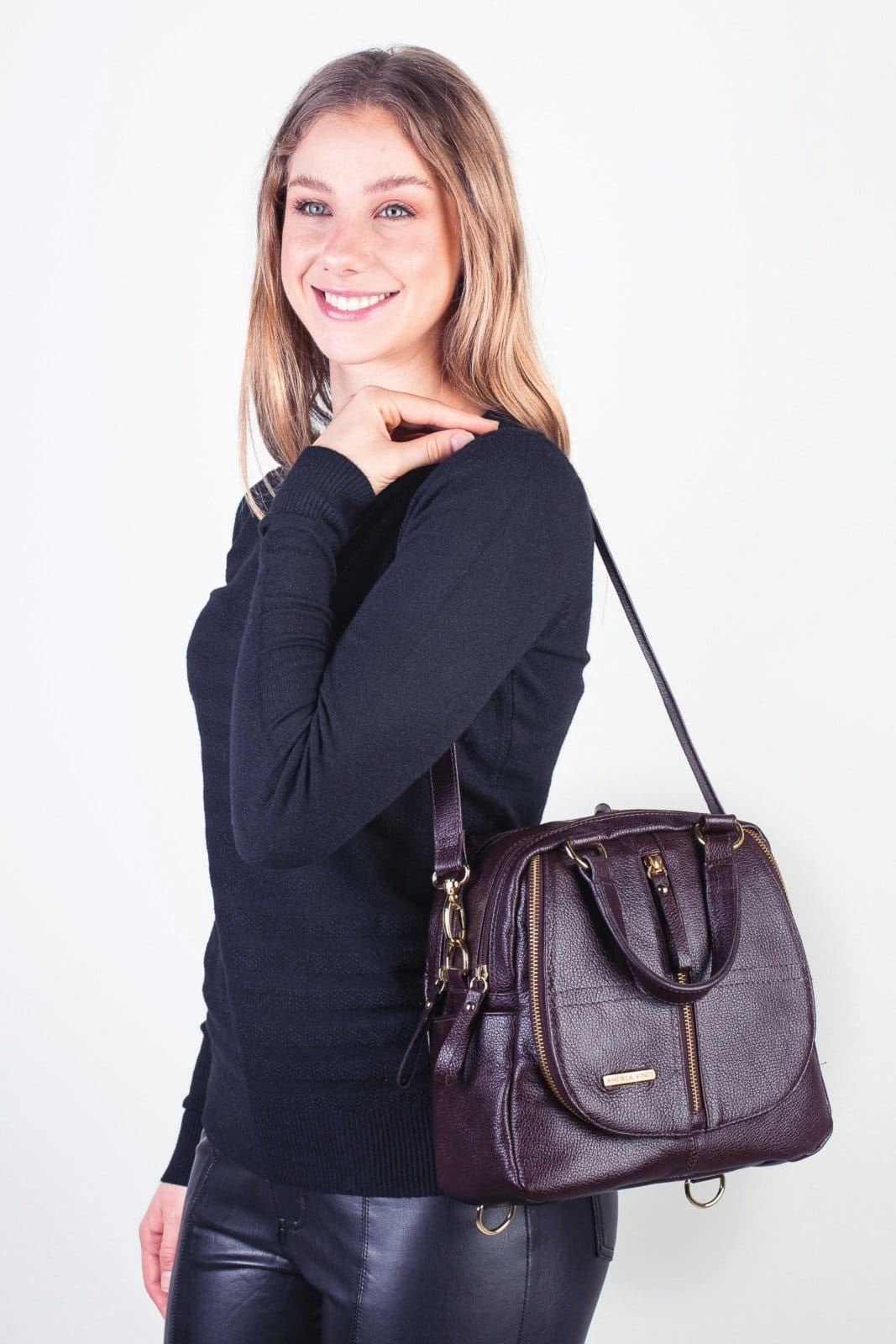 Vista 2 Bolsa Andrea Vinci mochila de couro liso 3 em 1 Marina - Marsala Andrea Vinci caramelo