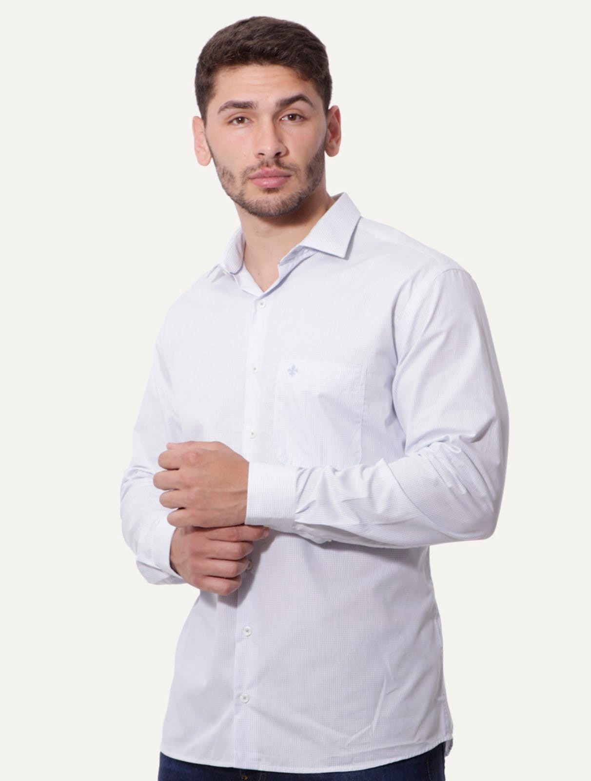 Vista principal Camisa Dudalina Masculina Comfort Superfine Cotton Pocket Grid Claro Dudalina azul