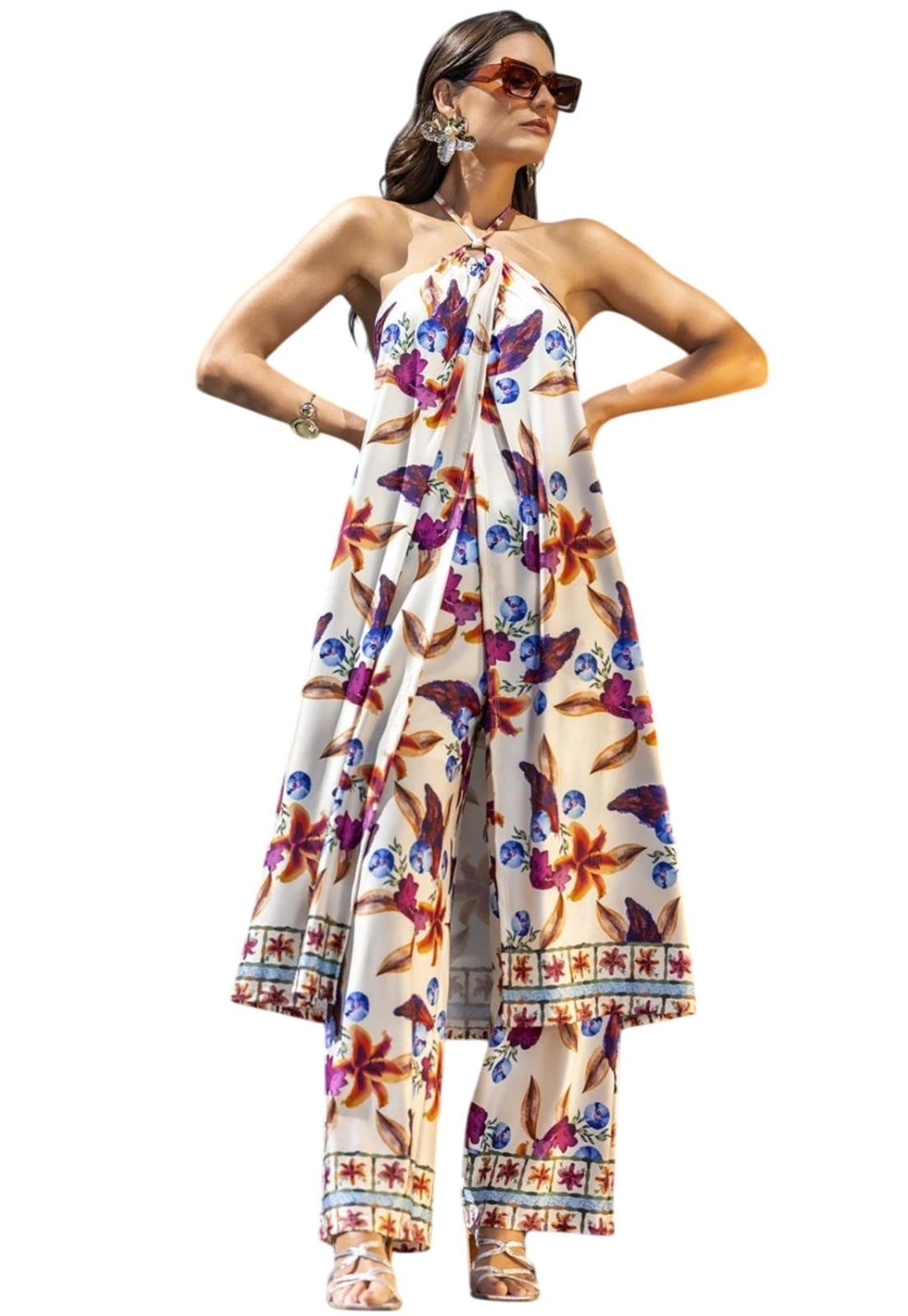 Vista 2 Calça Em Malha Fria Barrado Floral Quintess bege