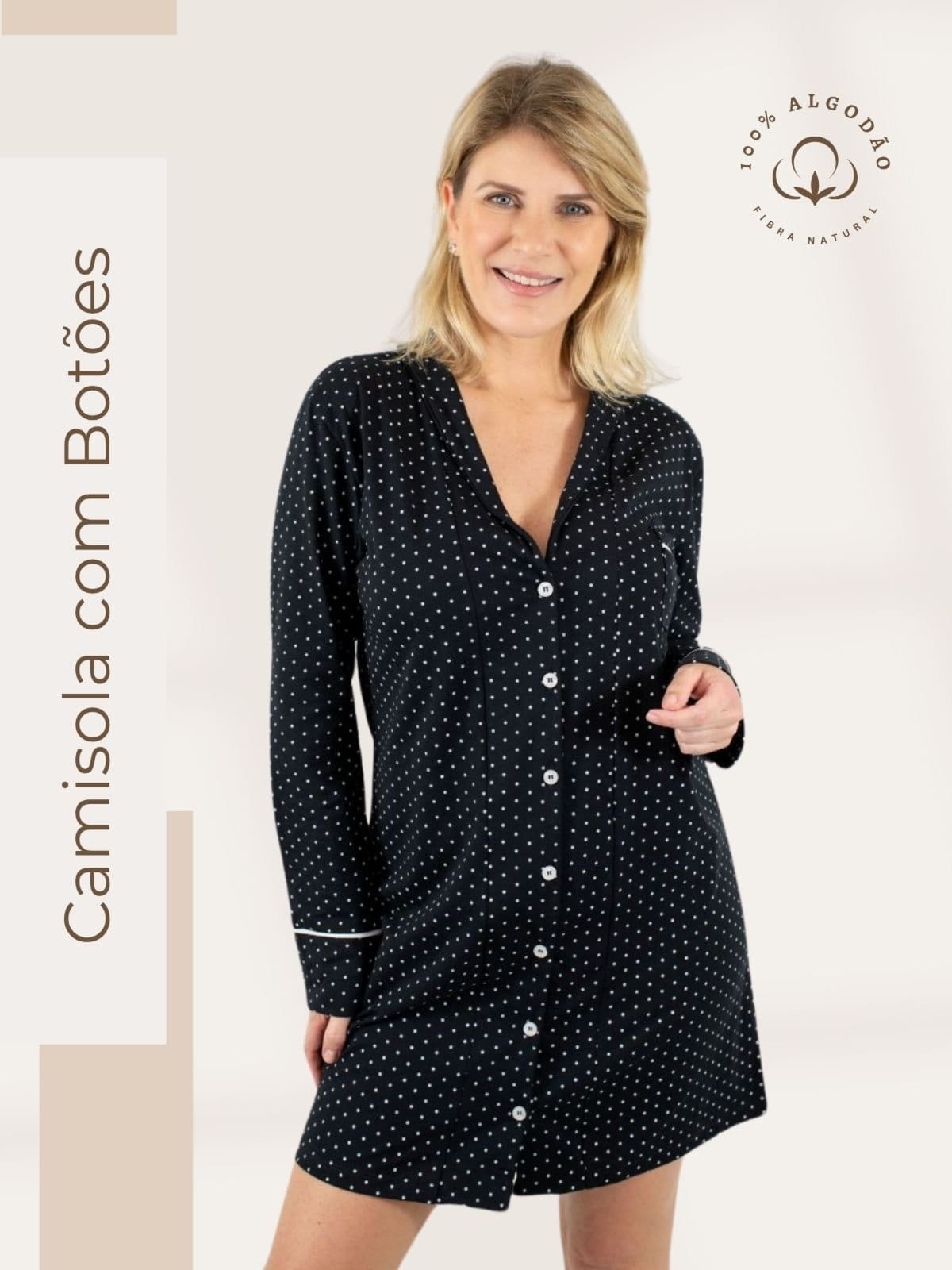 Camisola Algodão Feminina Americana Manga Longa com Botão Botões Inverno Adulto indicado Gestante Amamentação e Pós cirúgico Poá