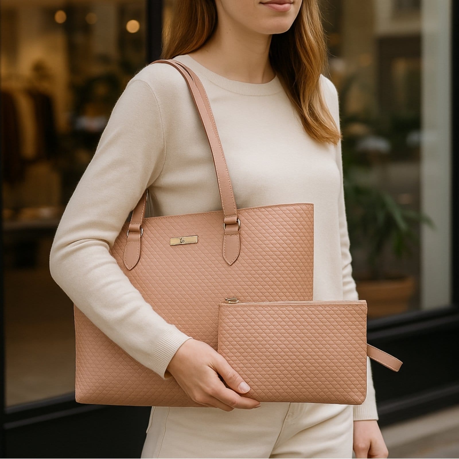 Vista 2 Kit Bolsa Feminina Willibags Sacola Grande Espaçosa + Bolsa Média Com Divisórias E Alça Transversal - Nude WILLIBAGS bege/nude nude