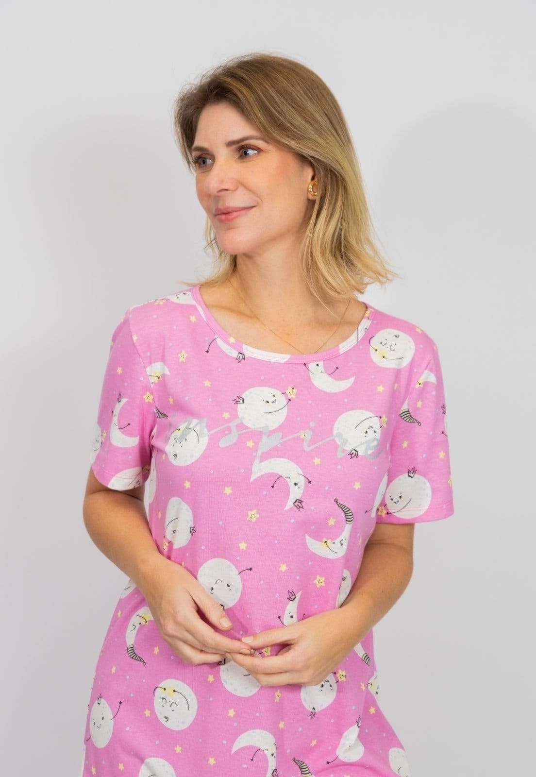 Vista 2 Camisola Algodão Feminina Adulto Verão Manga Curta - Lua Piante rosa