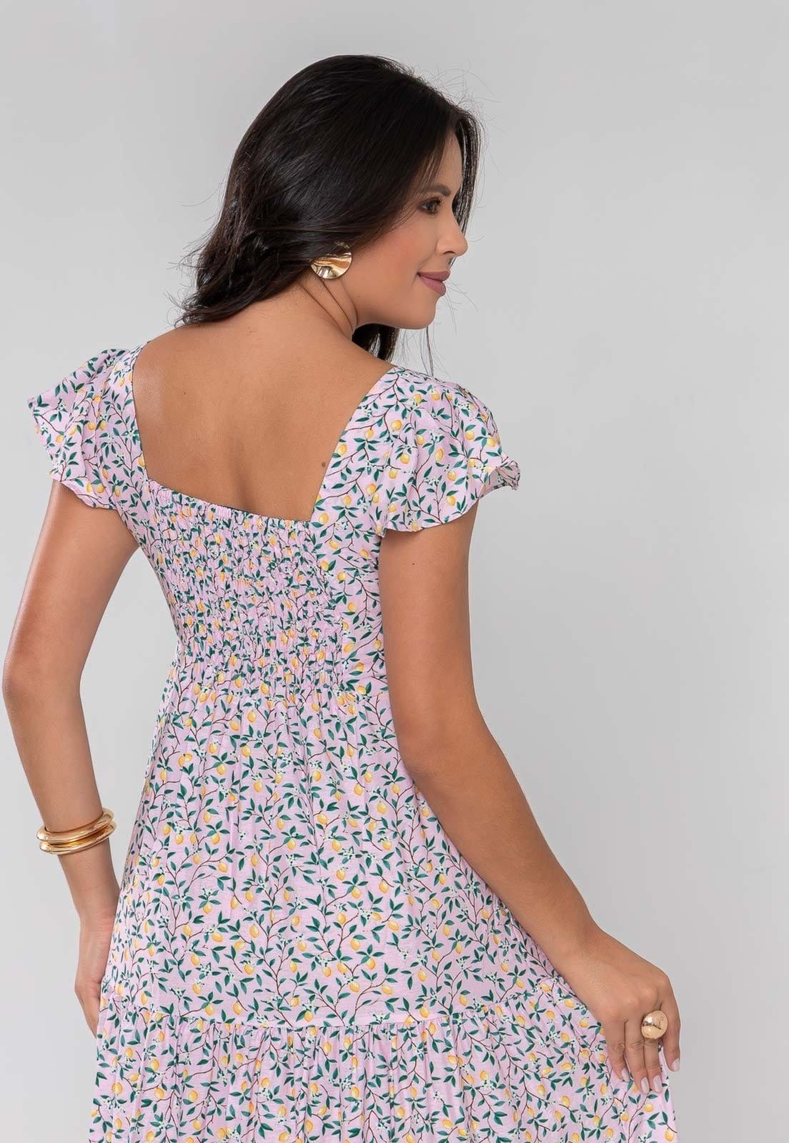 Vista 2 Vestido Aura Débora Viscoamida Limões Aura rosa