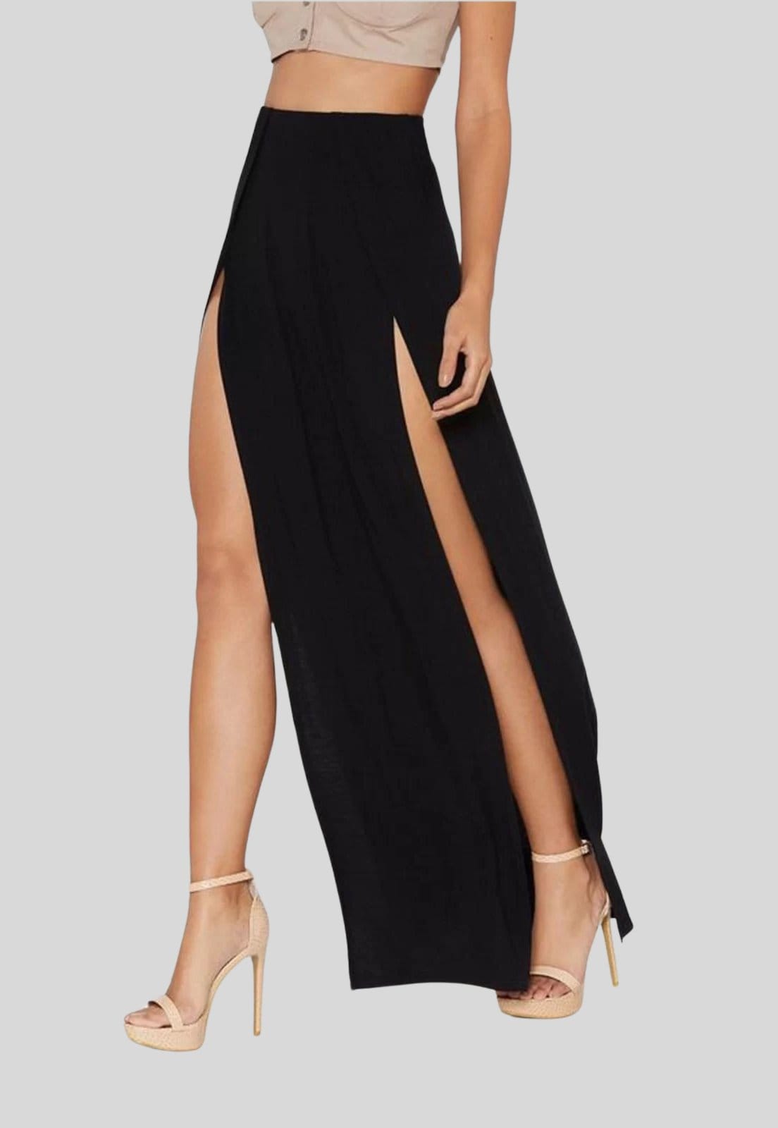 Vista 2 Saia Longa Feminina Fenda Cintura Alta Aberta na Perna Preta Diluxo preto