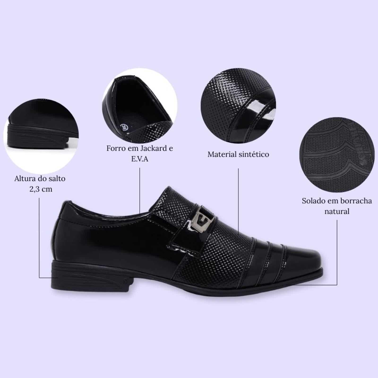 Vista 2 Sapato Social Masculino Calce Fácil Verniz Casamento Padrinho Schiareli 833 Verniz Schiareli preto