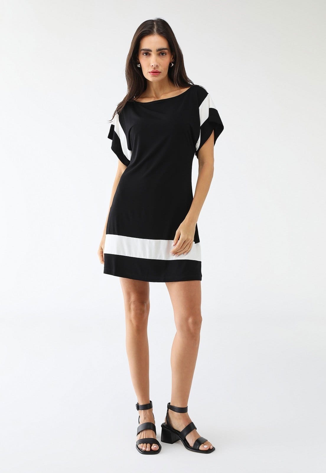 Vestido Maria Paes Preto e Off White Malha Viscolycra