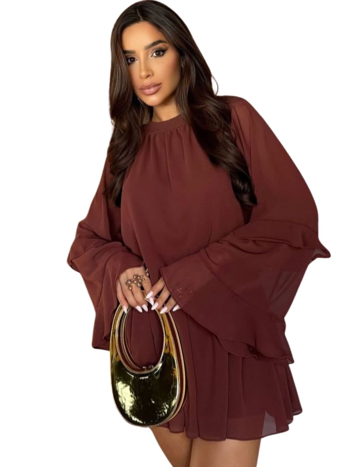 Vista 2 Vestido Summer body Macaquinho Feminino Manga Longa Flare Soltinho Summer Body marrom