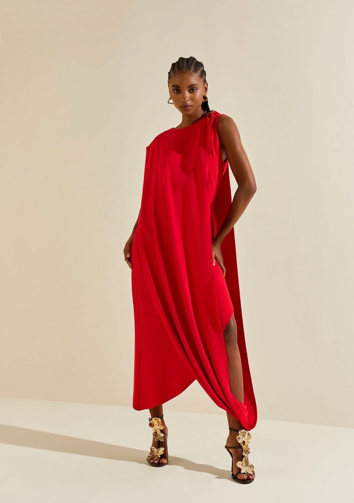 Vista principal Vestido Morena Rosa Solto Decote Careca Sem Manga Midi Estampado Morena Rosa estampado rosa