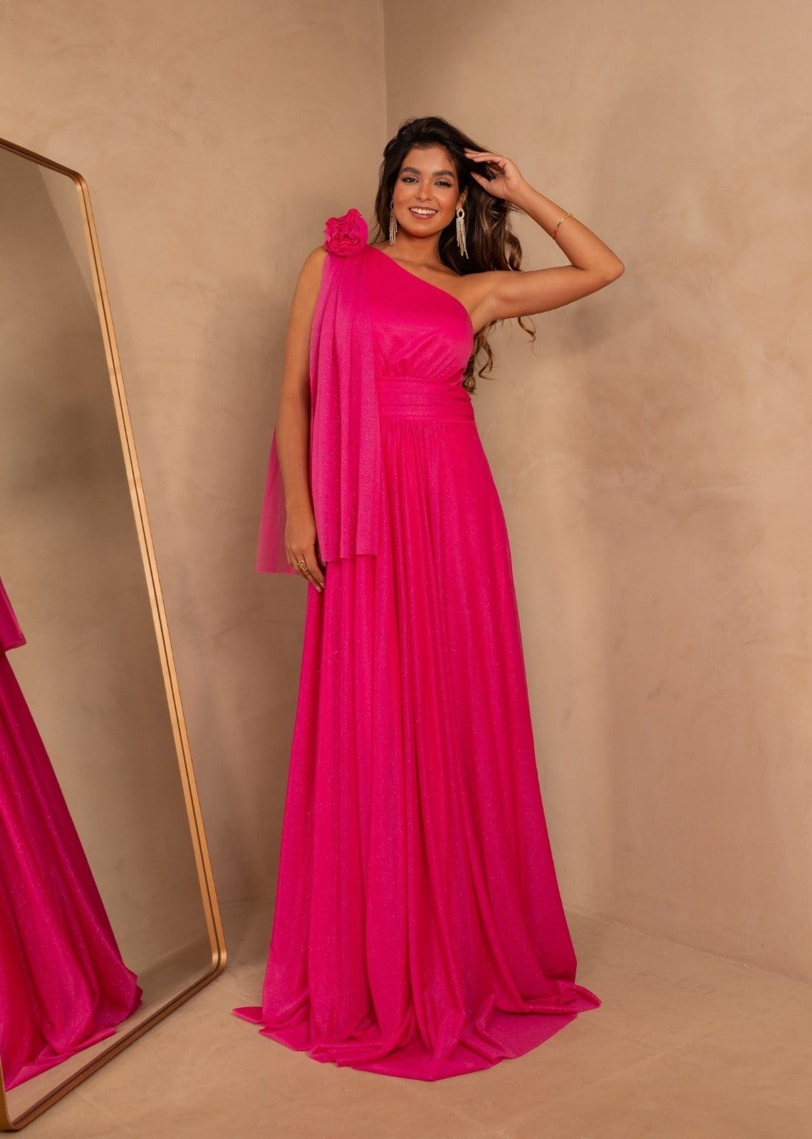 Vestido Longo de Festa um Ombro com Brilho Detalhe Lateral Umbertha Cia Do Vestido Rosa Pink