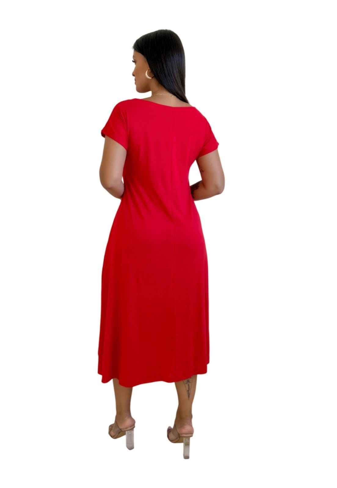 Vista 2 Vestido Maria Paes Midi Manga Curta Maria Paes vermelho