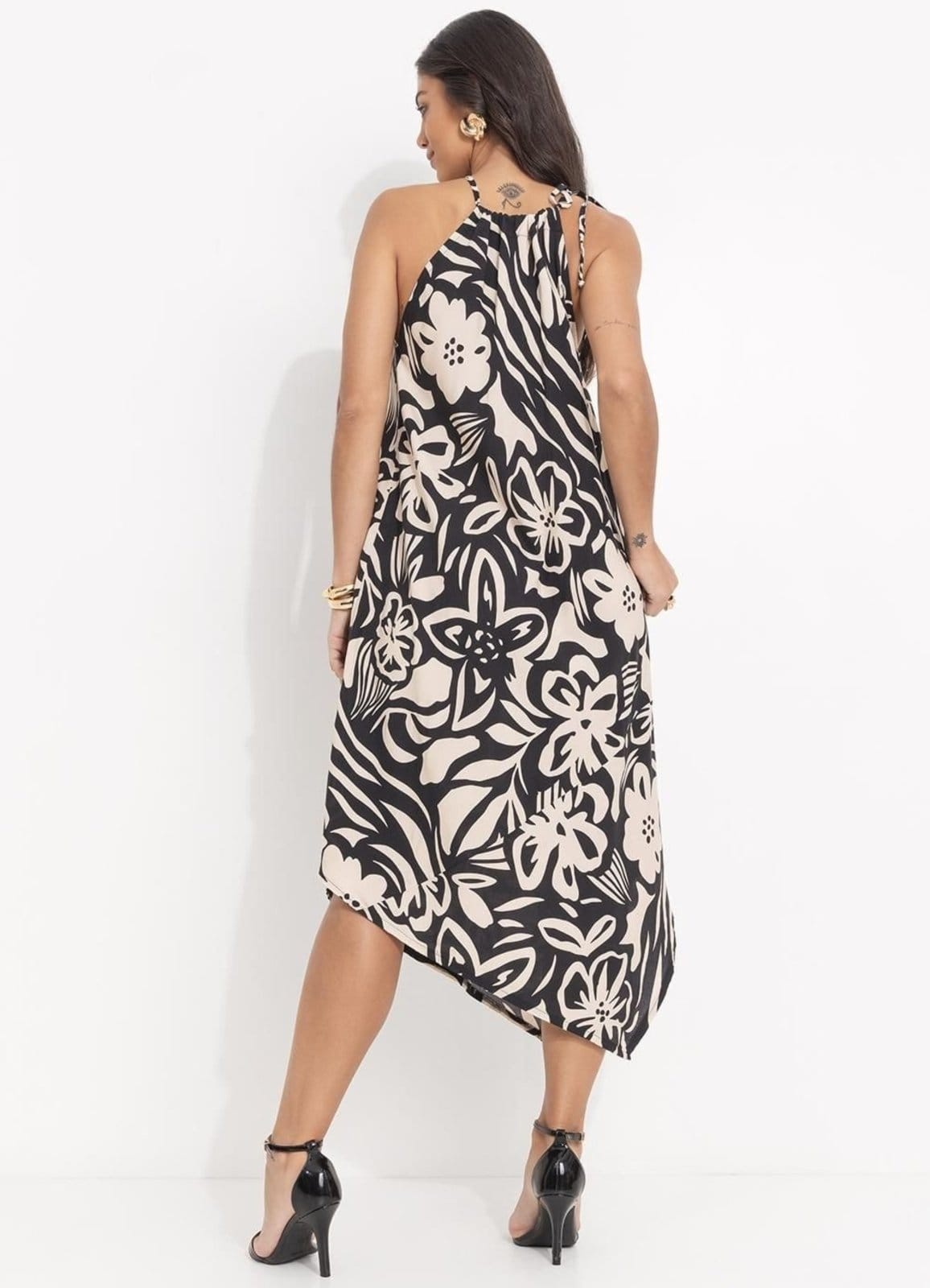 Vista 2 Vestido Viscose Plana Floral ArtÁstico Colorido Quintess preto