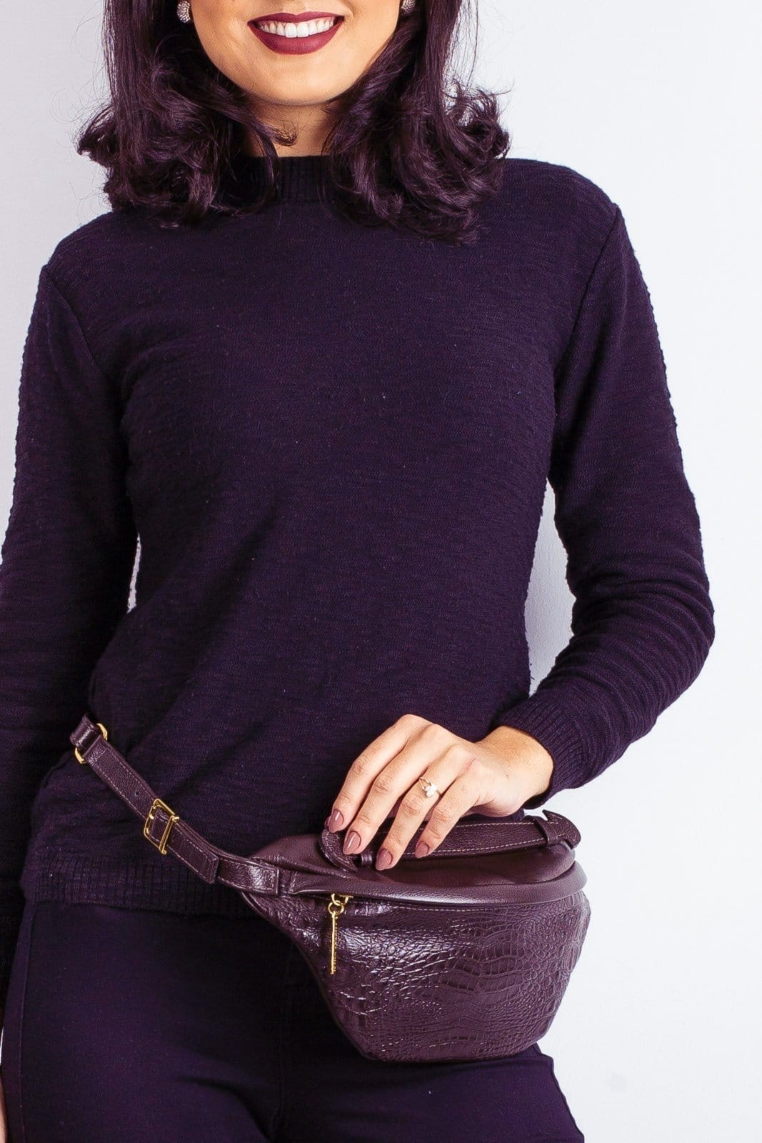 Vista 2 Pochete feminina grande de couro croco Dália - Marsala Andrea Vinci preto