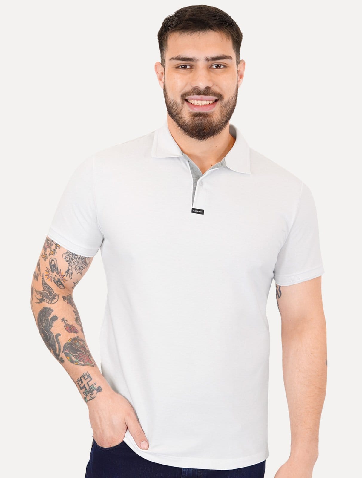 Polo Calvin Klein Masculina Piquet Slim Center Rubber Premium Branca