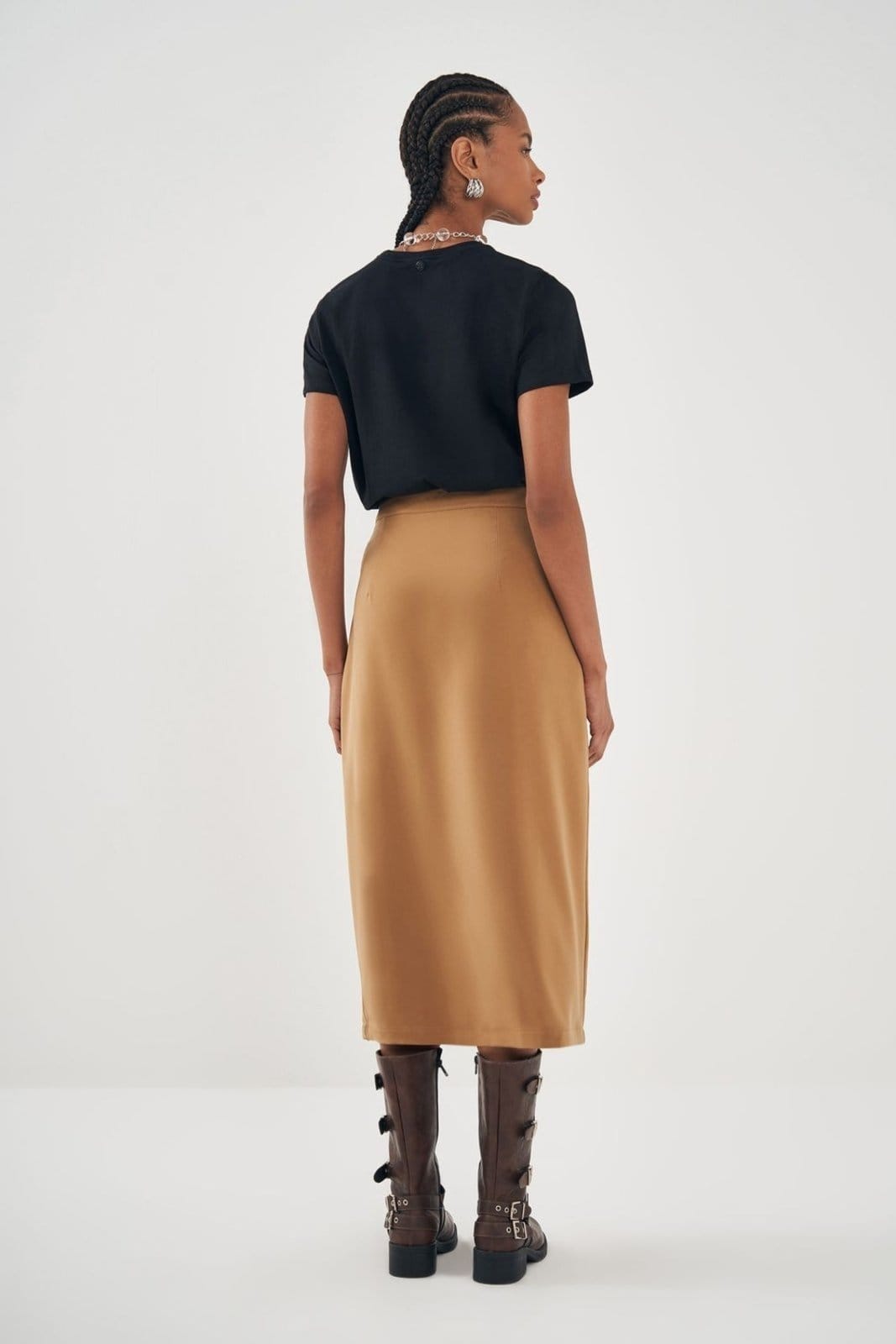 Vista 2 Saia Midi Fenda Lateral Feminina Inblanche verde oliva