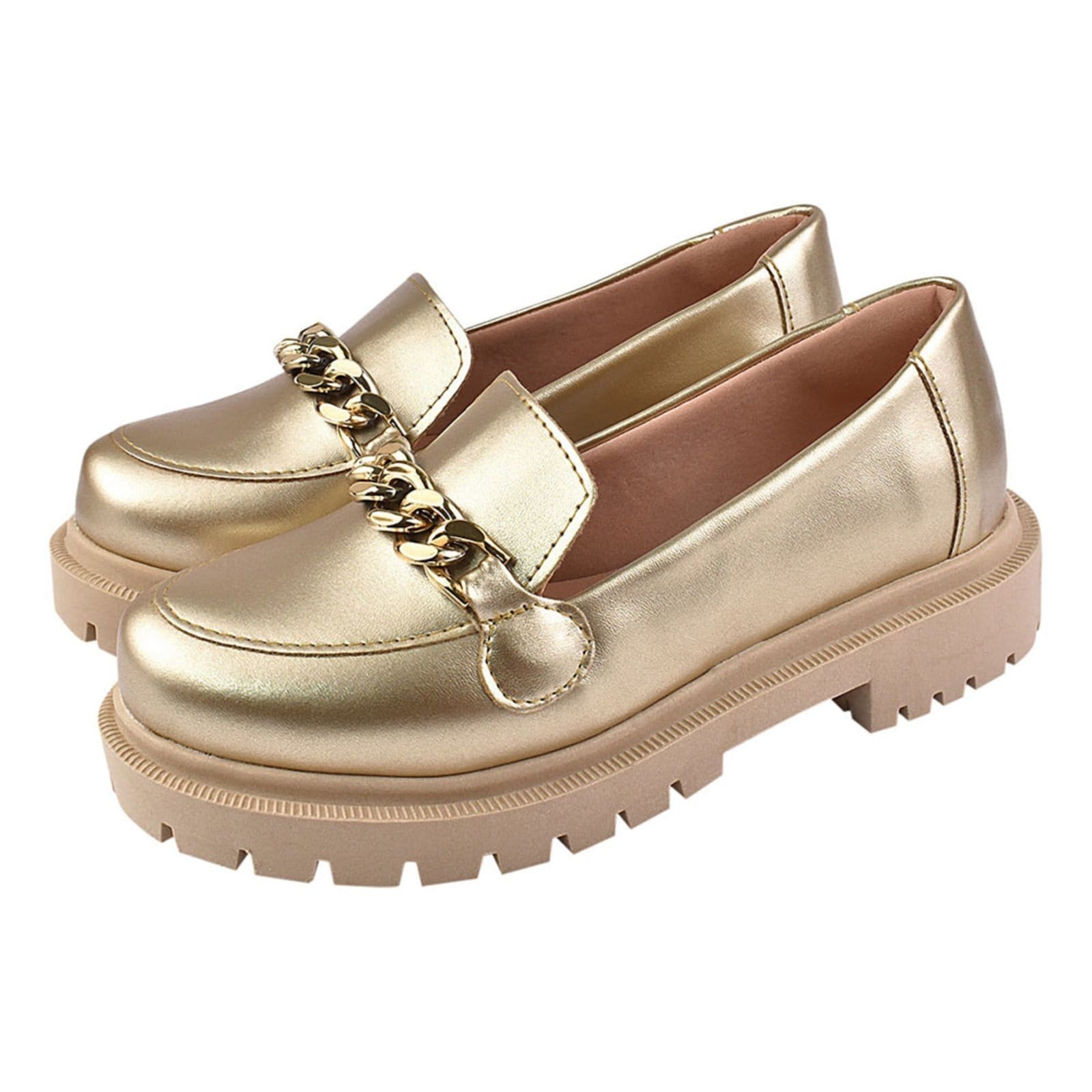 Sapato Feminino Mocassim Tratorado CM Calçados Bico Redondo Confort Ouro Light com corrente