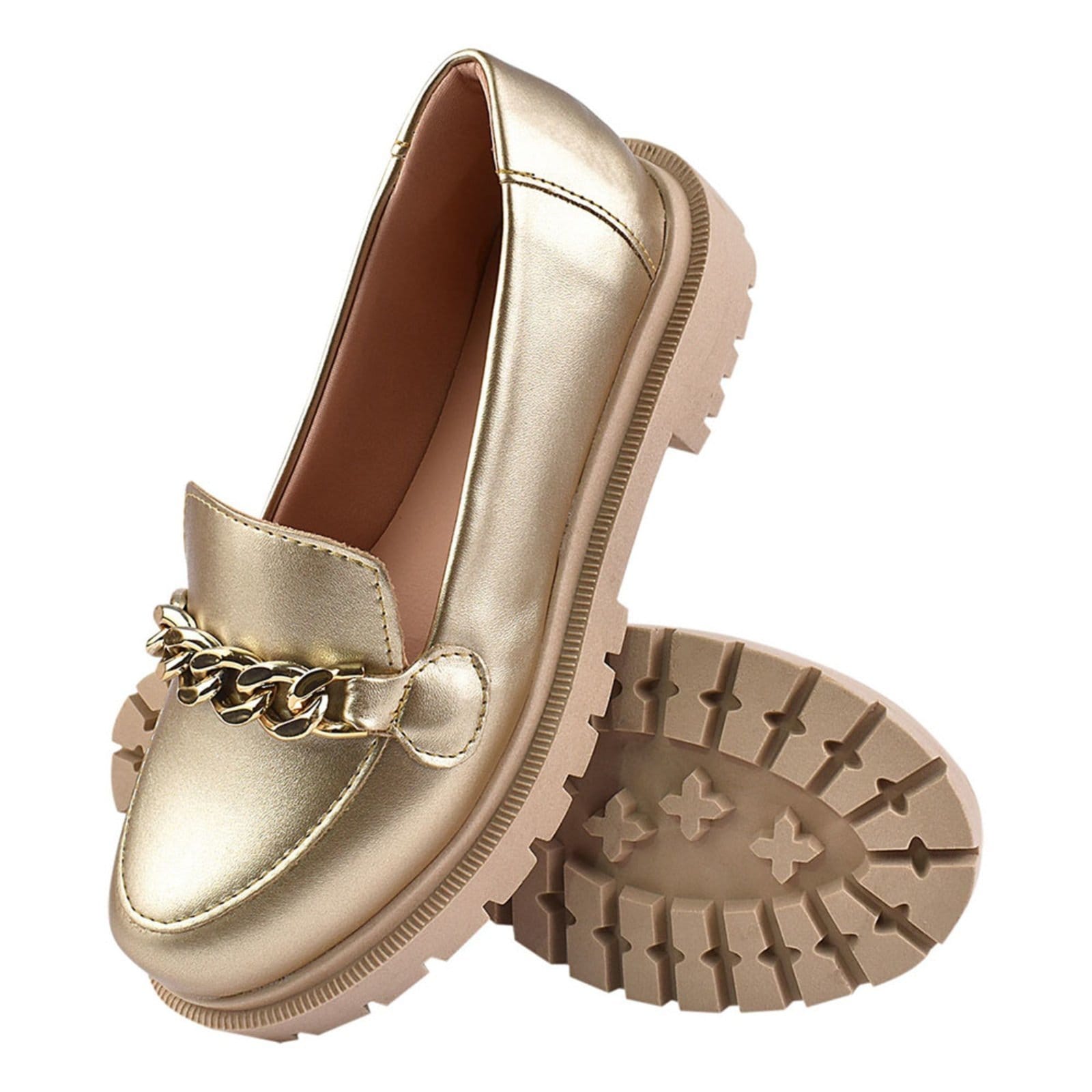 Vista 2 Sapato Feminino Mocassim Tratorado CM Calçados Bico Redondo Confort Ouro Light com corrente Monte Shoes dourado