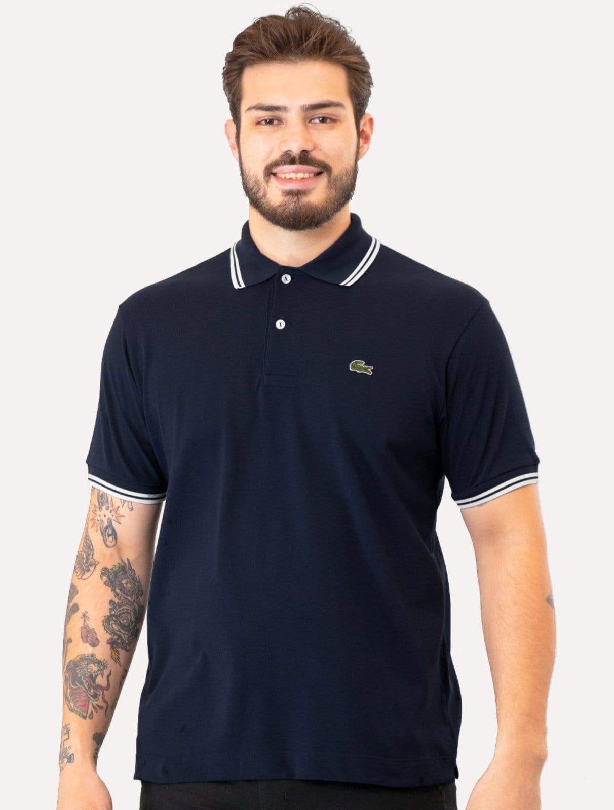 Polo Lacoste Masculina Classic Fit Piquet White Stripes Azul Marinho