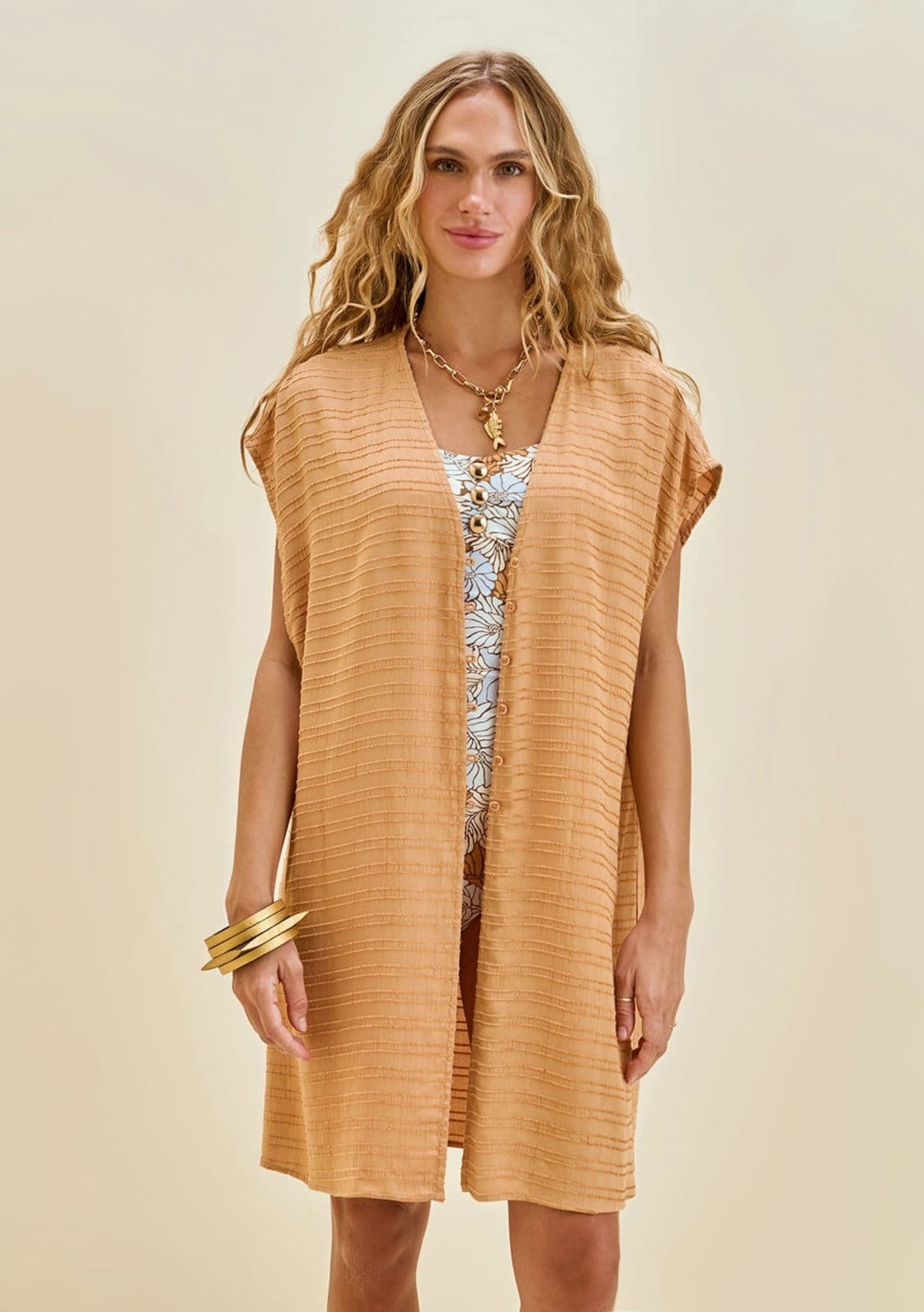 Vista 2 Vestido Morena Rosa Solto Decote V Manga 7 Oitavos Midi Marrom Morena Rosa marrom rosa