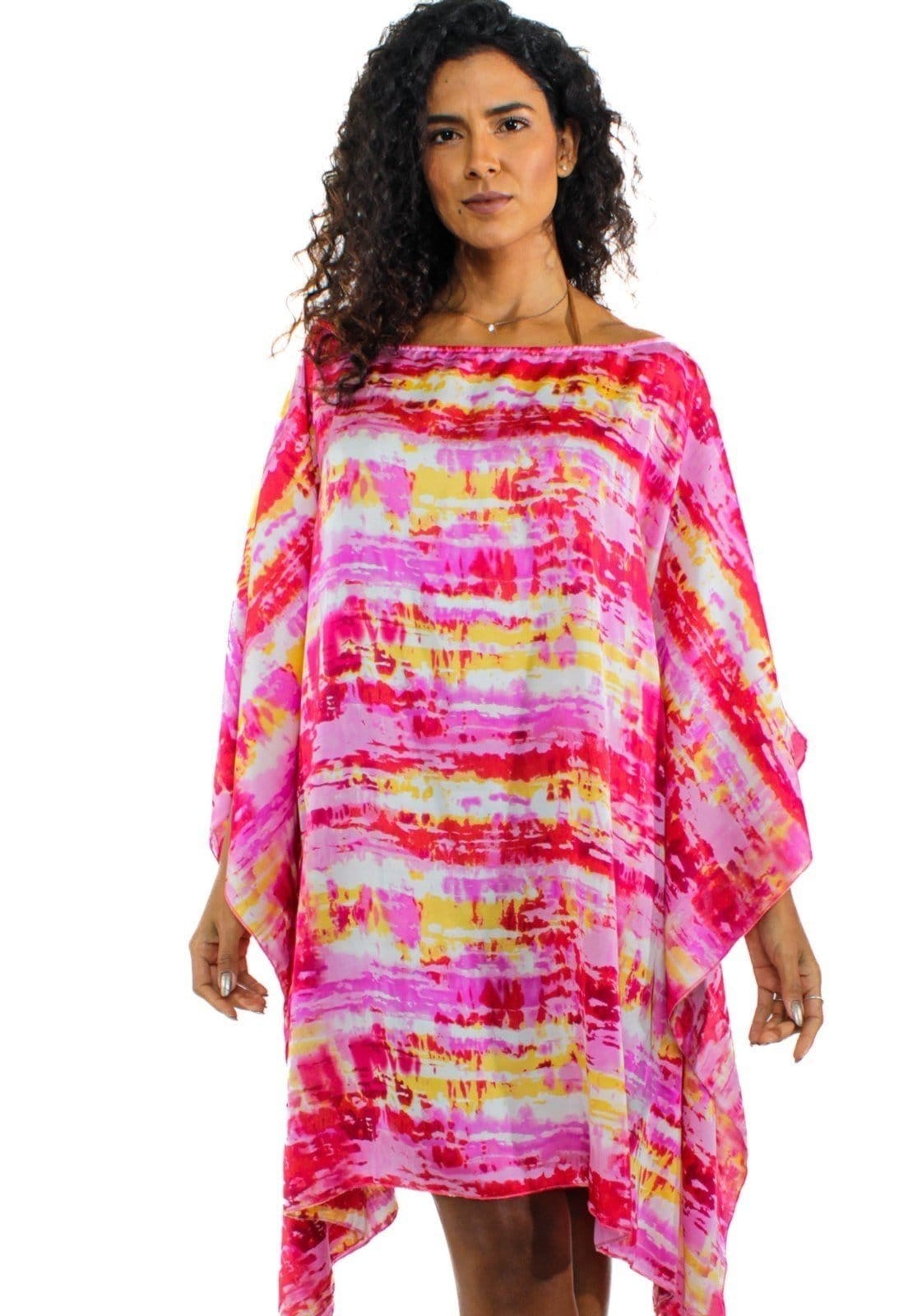 Vestido Kaftan Saída Amplo Crepe Acetinado Estampado Manchado Rosa